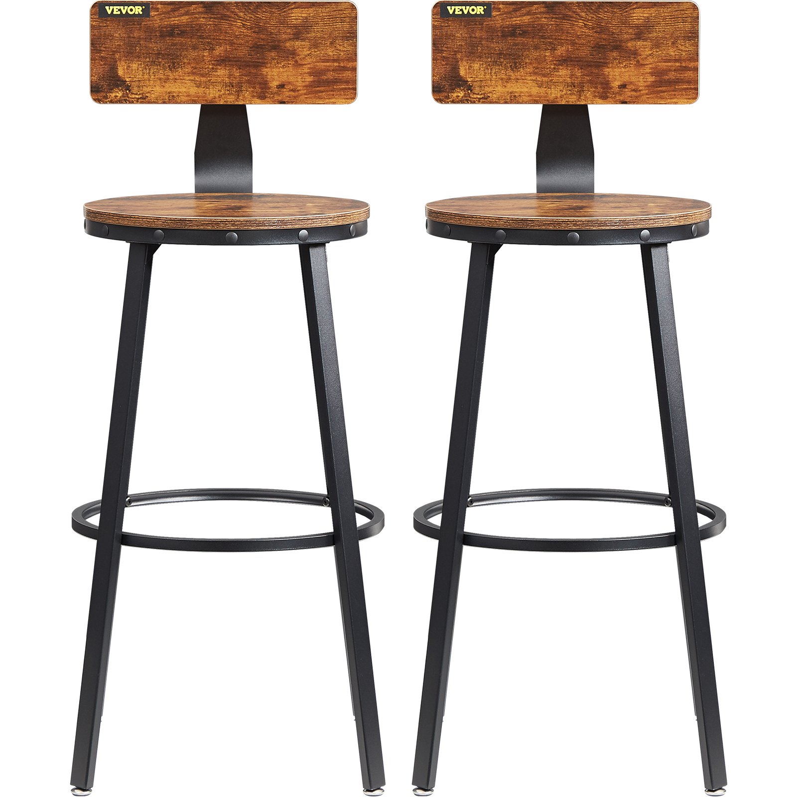 two VEVOR rustic bar stools with wooden seats and backrests, and black metal legs.