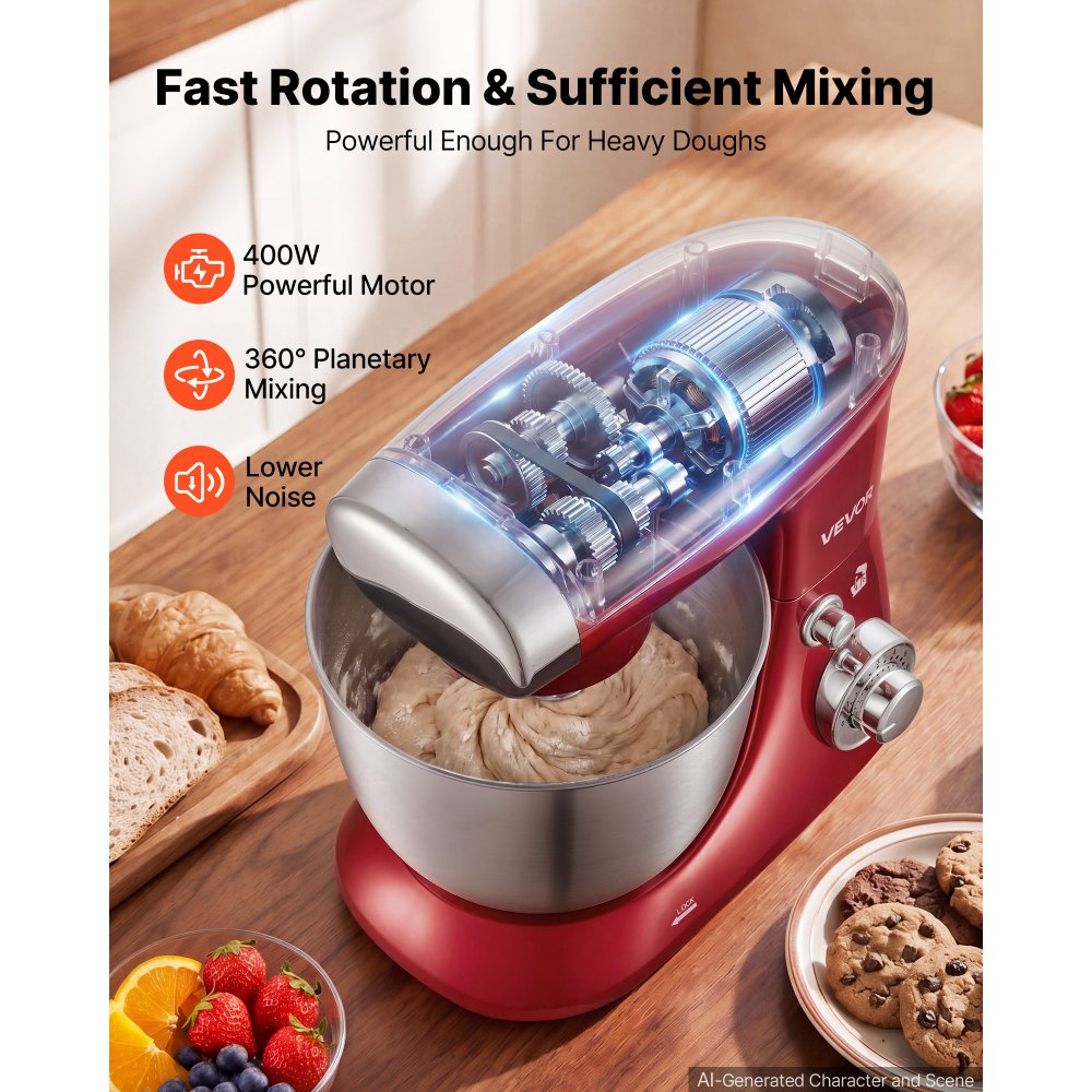 VEVOR 4.2 Qt Tilt Head Stand Mixer 400W Electric Dough Mixer, 6 Speeds Food Kitchen Mixer with Stainless Steel Bowl, Splash Guard, Dough Hook, Whisk, Beater, for Baking Mixing Whipping