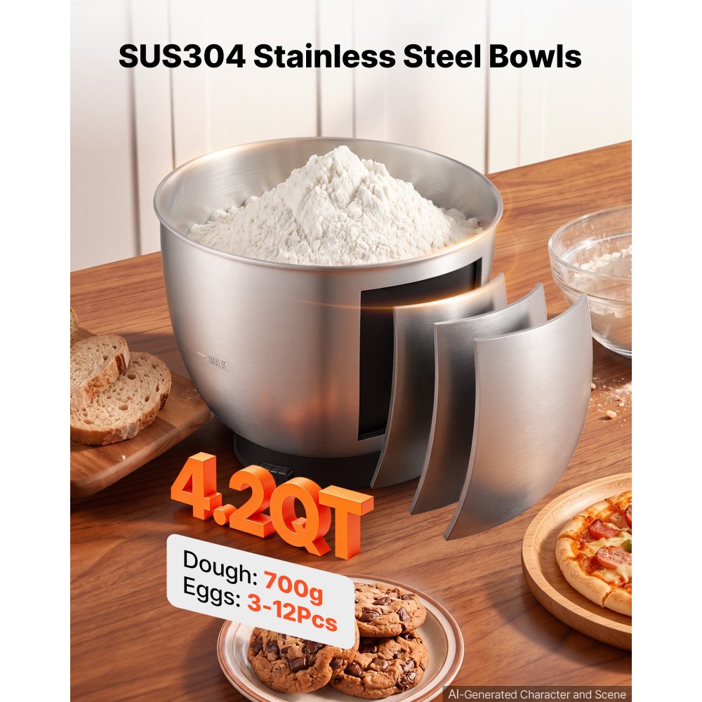 VEVOR 4.2 Qt Tilt Head Stand Mixer 400W Electric Dough Mixer, 6 Speeds Food Kitchen Mixer with Stainless Steel Bowl, Splash Guard, Dough Hook, Whisk, Beater, for Baking Mixing Whipping