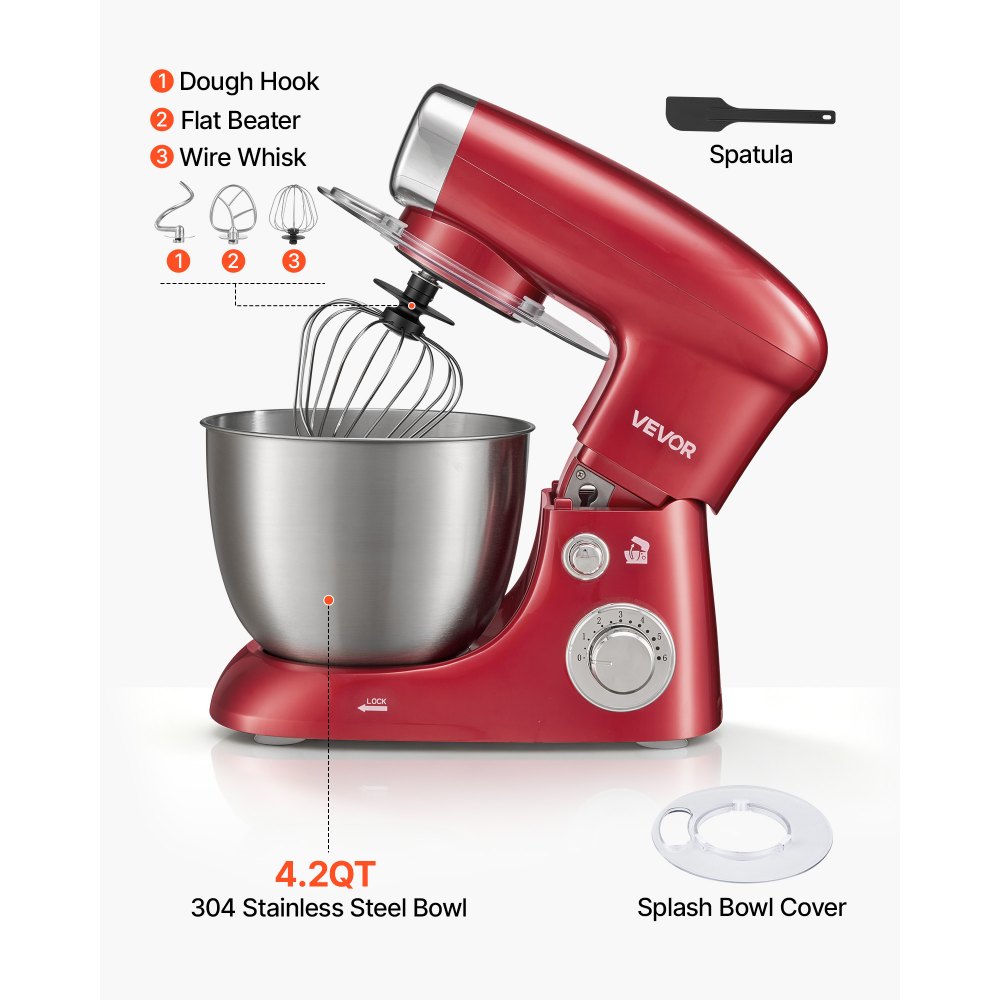 VEVOR 4.2 Qt Tilt Head Stand Mixer 400W Electric Dough Mixer, 6 Speeds Food Kitchen Mixer with Stainless Steel Bowl, Splash Guard, Dough Hook, Whisk, Beater, for Baking Mixing Whipping