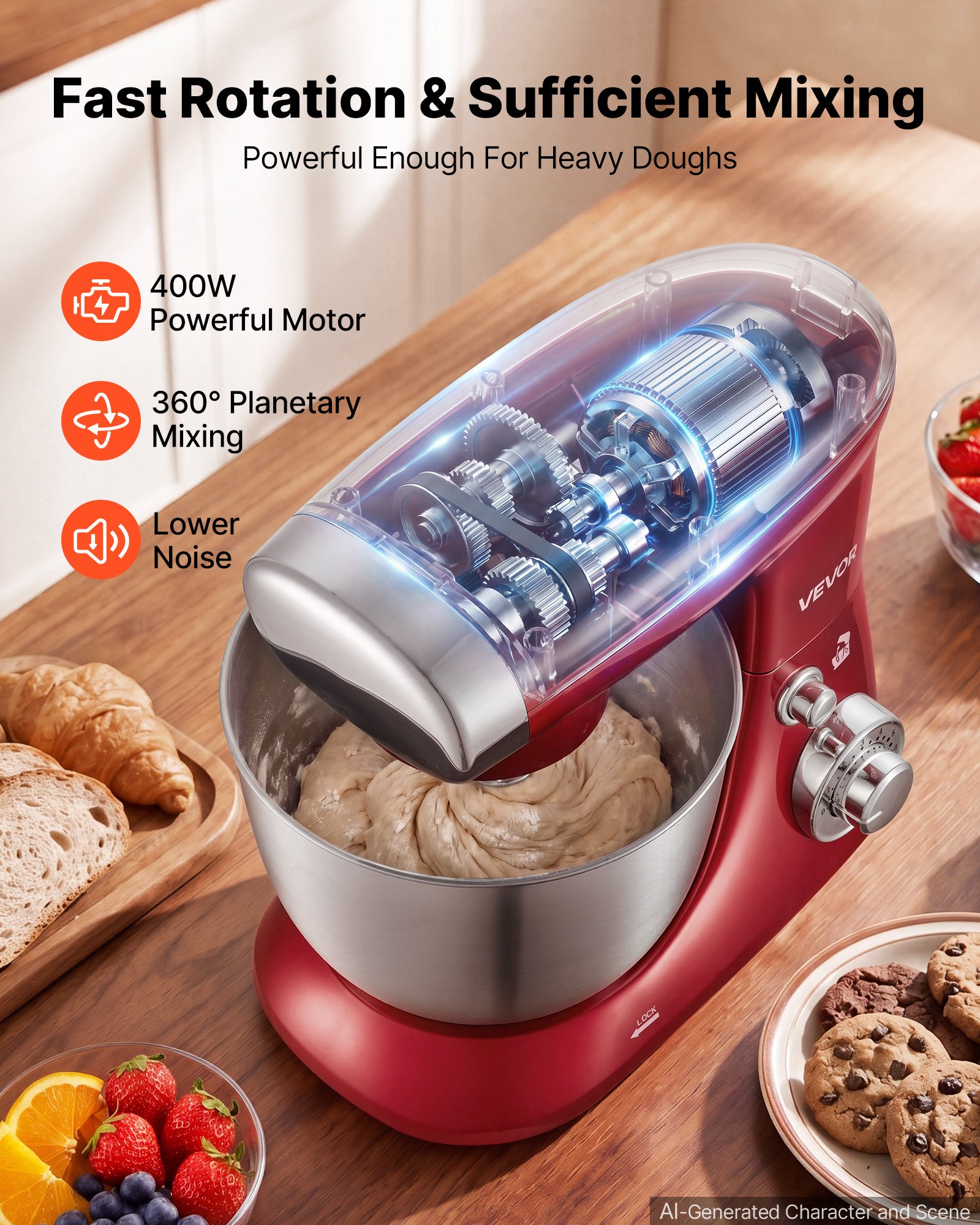 VEVOR 4.2 Qt Tilt Head Stand Mixer 400W Electric Dough Mixer, 6 Speeds Food Kitchen Mixer with Stainless Steel Bowl, Splash Guard, Dough Hook, Whisk, Beater, for Baking Mixing Whipping