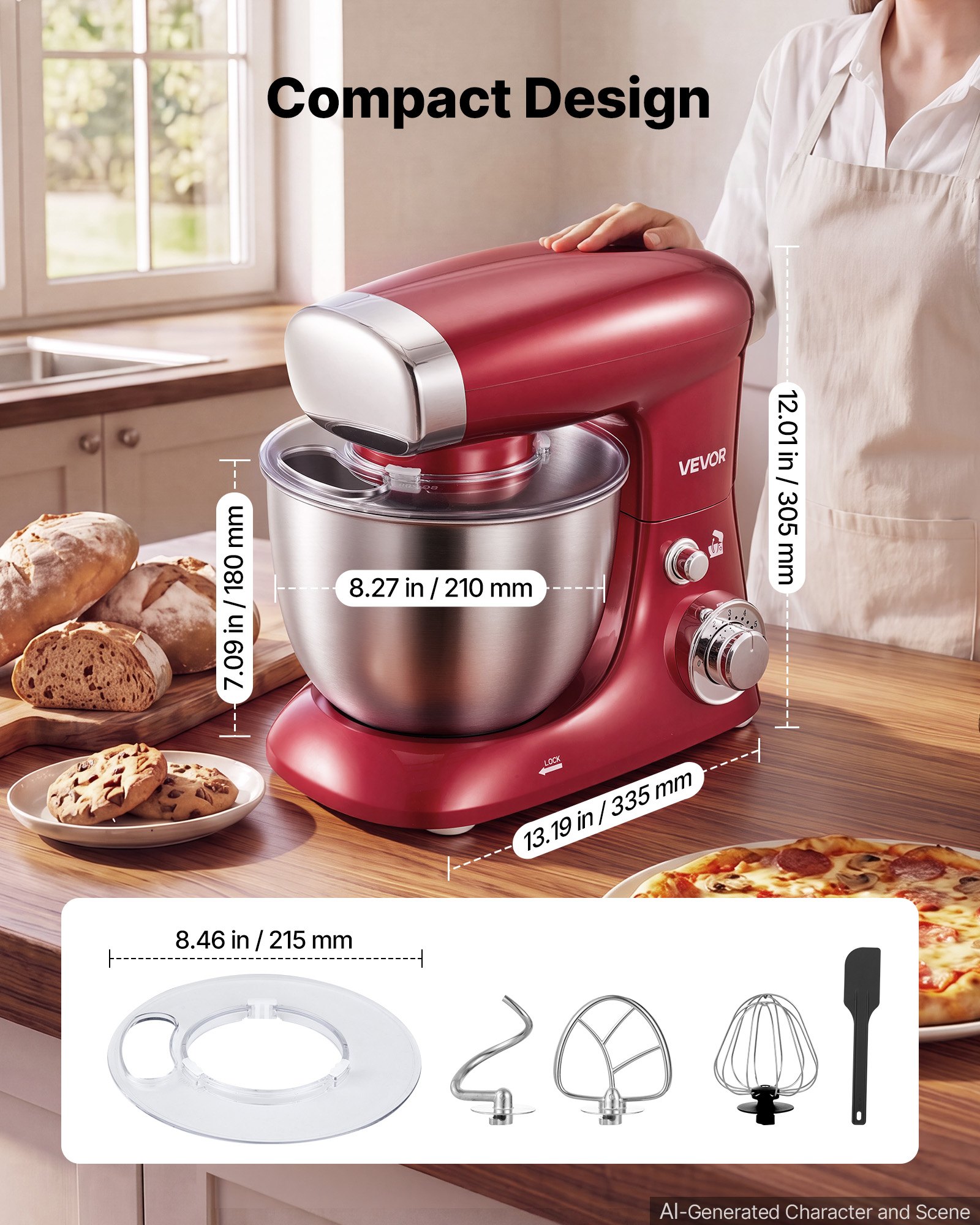 VEVOR 4.2 Qt Tilt Head Stand Mixer 400W Electric Dough Mixer, 6 Speeds Food Kitchen Mixer with Stainless Steel Bowl, Splash Guard, Dough Hook, Whisk, Beater, for Baking Mixing Whipping