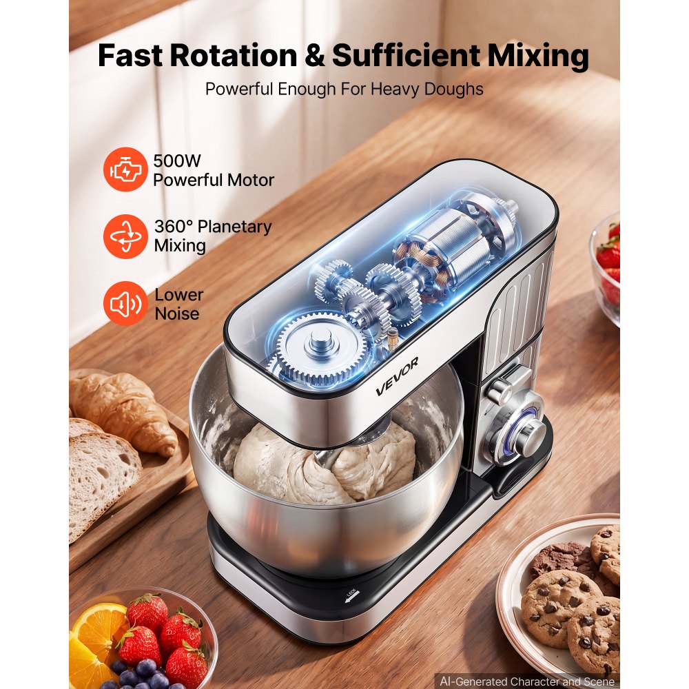 VEVOR 7.4 Qt Tilt Head Stand Mixer 500W Electric Dough Mixer, 6 Speeds with Pulse Food Kitchen Mixer with Stainless Steel Bowl, Splash Guard, Dough Hook, Whisk, Beater, for Baking Mixing