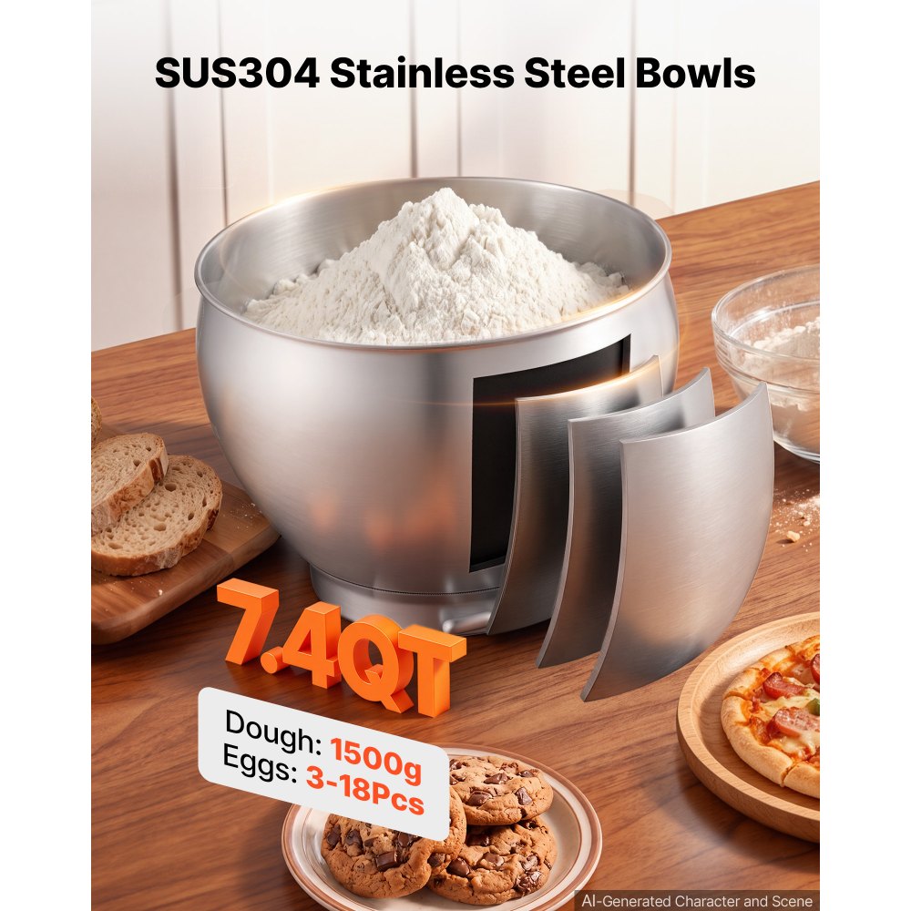 VEVOR 7.4 Qt Tilt Head Stand Mixer 500W Electric Dough Mixer, 6 Speeds with Pulse Food Kitchen Mixer with Stainless Steel Bowl, Splash Guard, Dough Hook, Whisk, Beater, for Baking Mixing