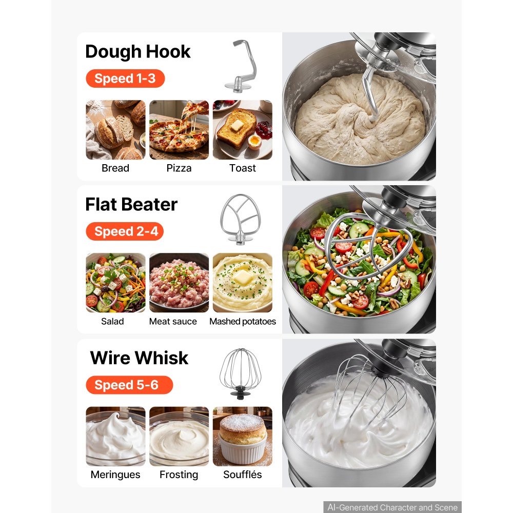 VEVOR 7.4 Qt Tilt Head Stand Mixer 500W Electric Dough Mixer, 6 Speeds with Pulse Food Kitchen Mixer with Stainless Steel Bowl, Splash Guard, Dough Hook, Whisk, Beater, for Baking Mixing