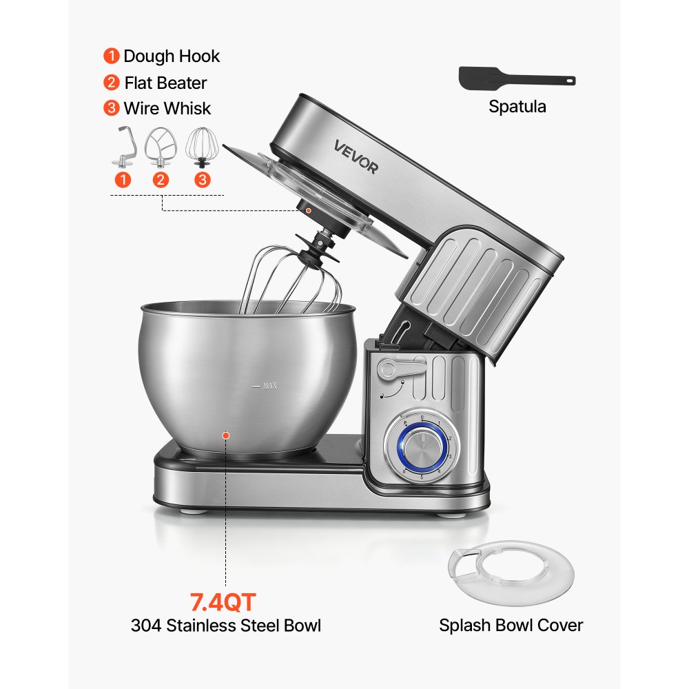 VEVOR 7.4 Qt Tilt Head Stand Mixer 500W Electric Dough Mixer, 6 Speeds with Pulse Food Kitchen Mixer with Stainless Steel Bowl, Splash Guard, Dough Hook, Whisk, Beater, for Baking Mixing