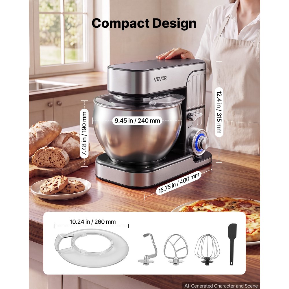 VEVOR 7.4 Qt Tilt Head Stand Mixer 500W Electric Dough Mixer, 6 Speeds with Pulse Food Kitchen Mixer with Stainless Steel Bowl, Splash Guard, Dough Hook, Whisk, Beater, for Baking Mixing