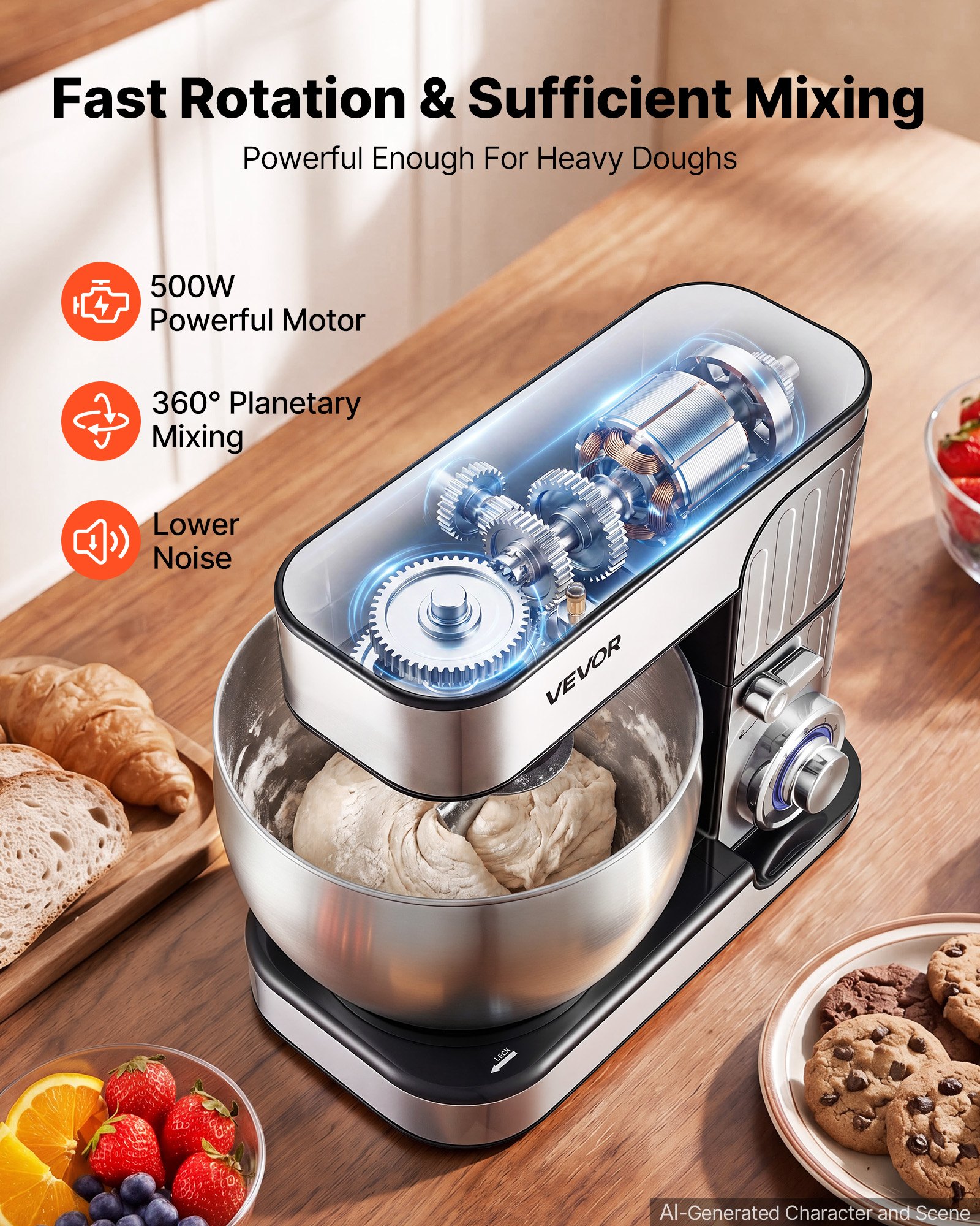 VEVOR 7.4 Qt Tilt Head Stand Mixer 500W Electric Dough Mixer, 6 Speeds with Pulse Food Kitchen Mixer with Stainless Steel Bowl, Splash Guard, Dough Hook, Whisk, Beater, for Baking Mixing