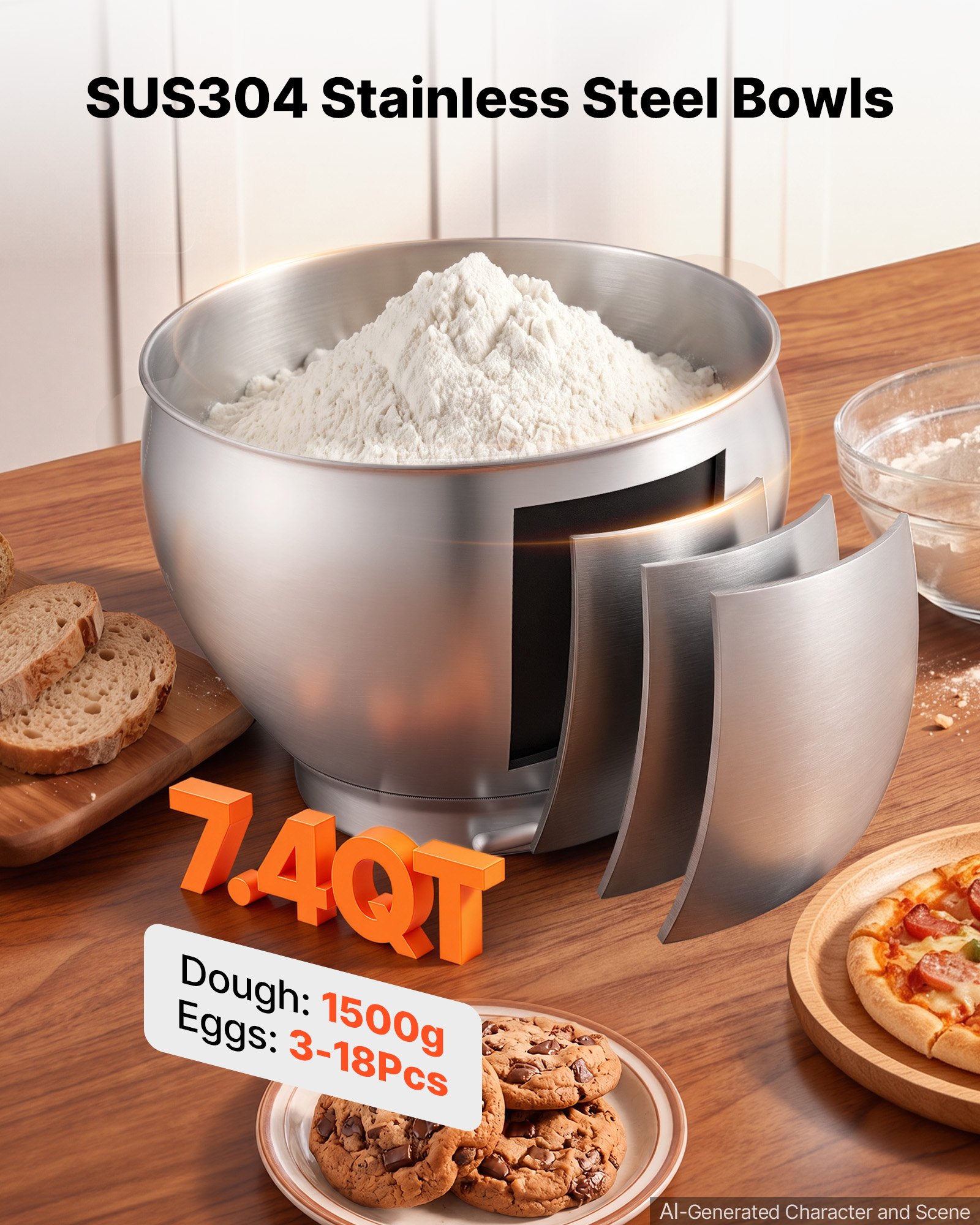 VEVOR 7.4 Qt Tilt Head Stand Mixer 500W Electric Dough Mixer, 6 Speeds with Pulse Food Kitchen Mixer with Stainless Steel Bowl, Splash Guard, Dough Hook, Whisk, Beater, for Baking Mixing