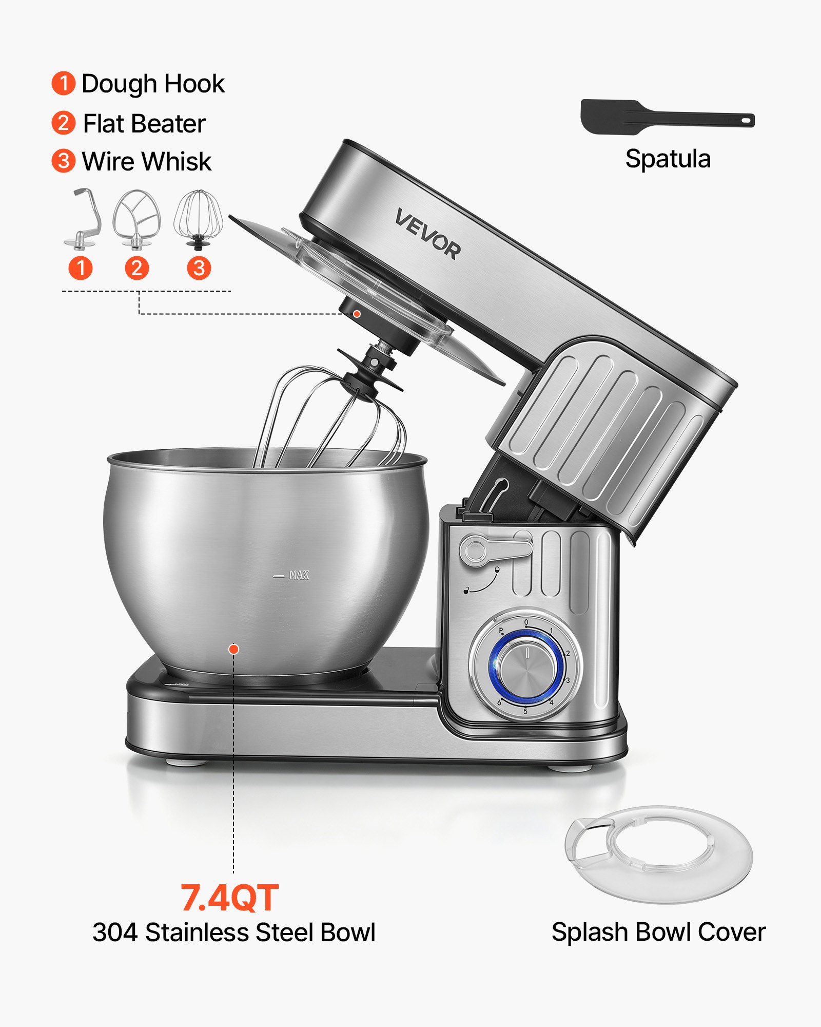VEVOR 7.4 Qt Tilt Head Stand Mixer 500W Electric Dough Mixer, 6 Speeds with Pulse Food Kitchen Mixer with Stainless Steel Bowl, Splash Guard, Dough Hook, Whisk, Beater, for Baking Mixing