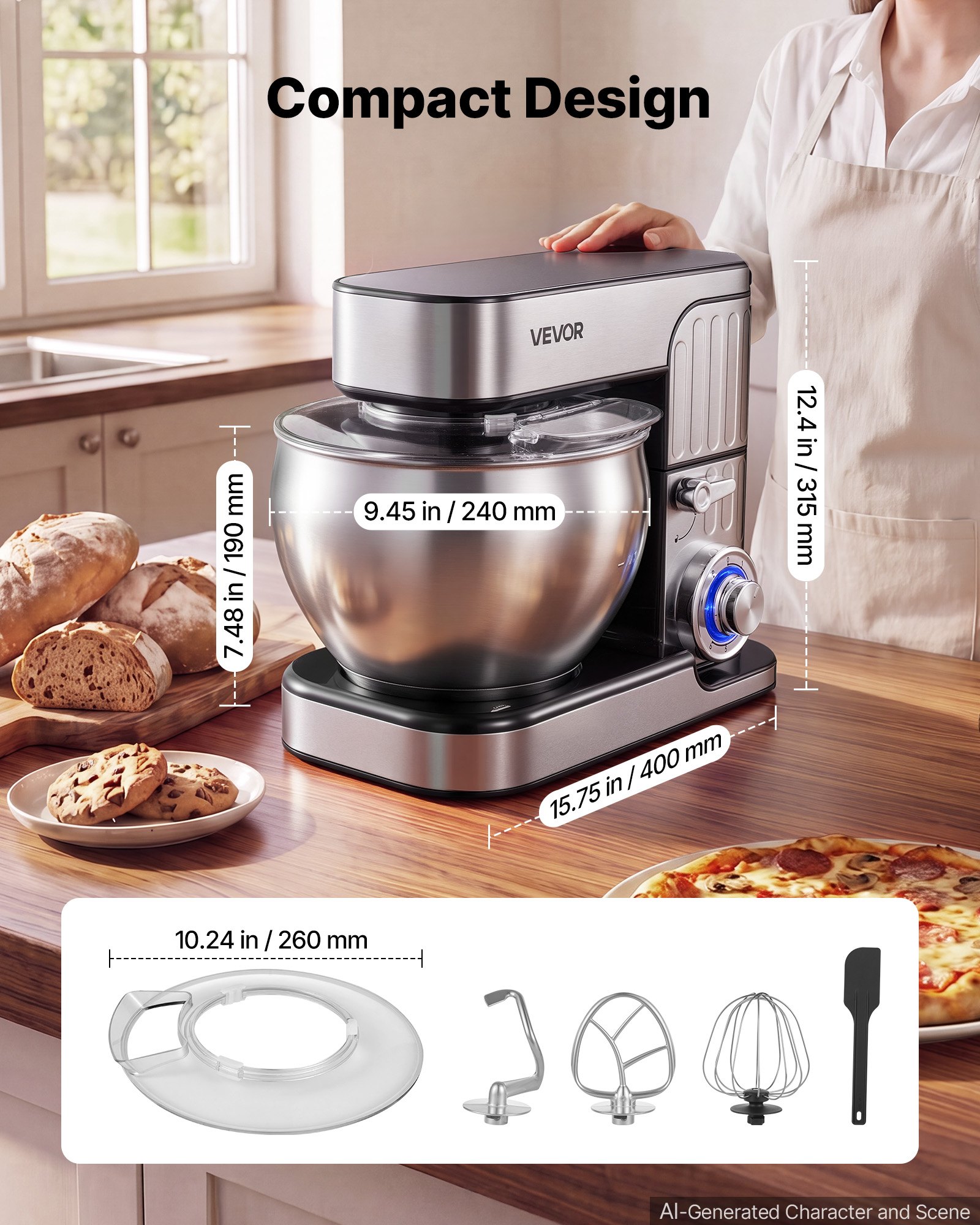 VEVOR 7.4 Qt Tilt Head Stand Mixer 500W Electric Dough Mixer, 6 Speeds with Pulse Food Kitchen Mixer with Stainless Steel Bowl, Splash Guard, Dough Hook, Whisk, Beater, for Baking Mixing