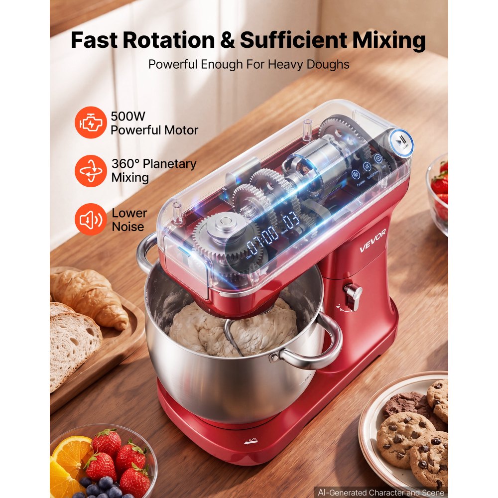 VEVOR 7.4 Qt Tilt Head Stand Mixer 500W Electric Dough Mixer, 12 Speeds Food Kitchen Mixer with Stainless Steel Bowl, Splash Guard, Dough Hook, Whisk, Beater, for Baking Mixing