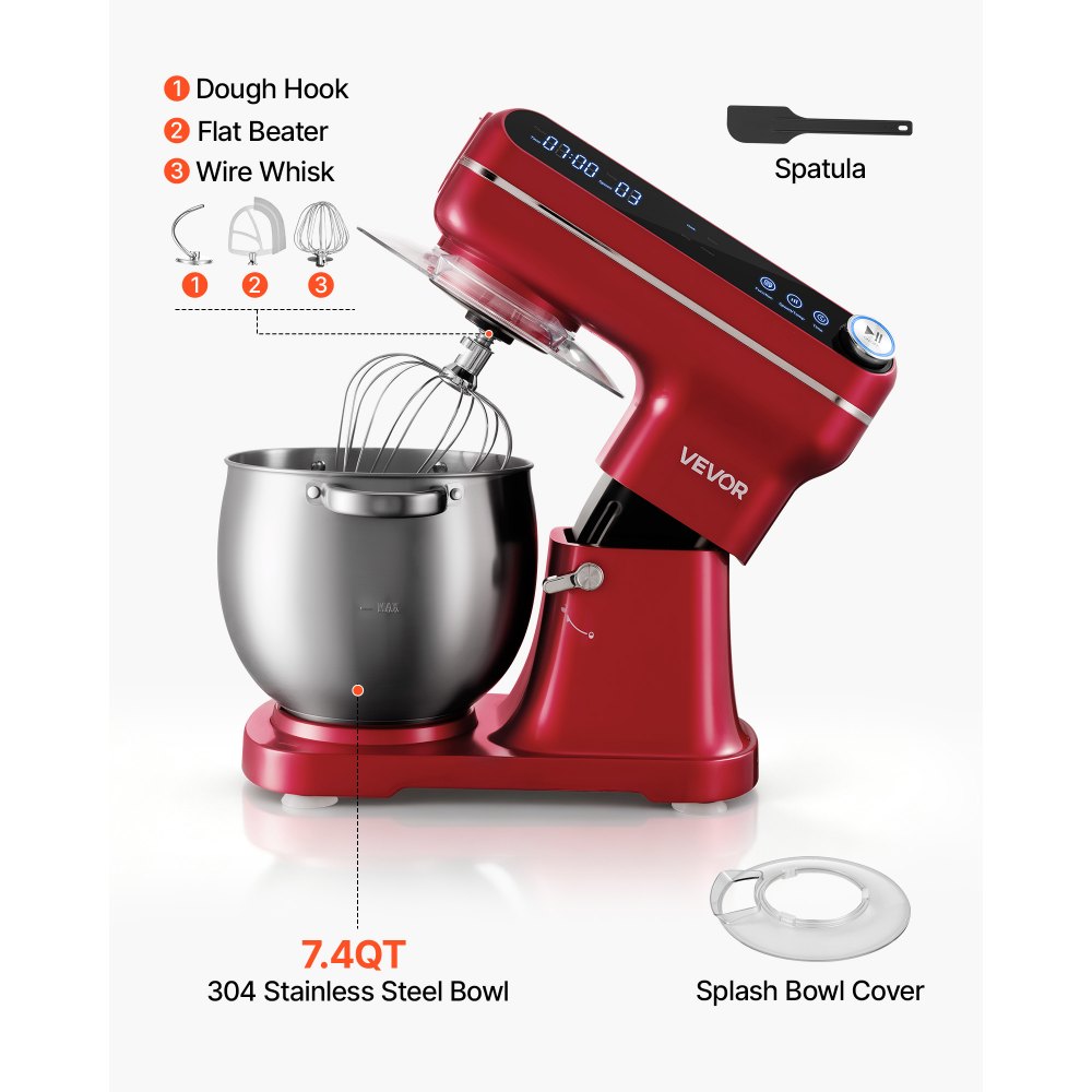 VEVOR 7.4 Qt Tilt Head Stand Mixer 500W Electric Dough Mixer, 12 Speeds Food Kitchen Mixer with Stainless Steel Bowl, Splash Guard, Dough Hook, Whisk, Beater, for Baking Mixing