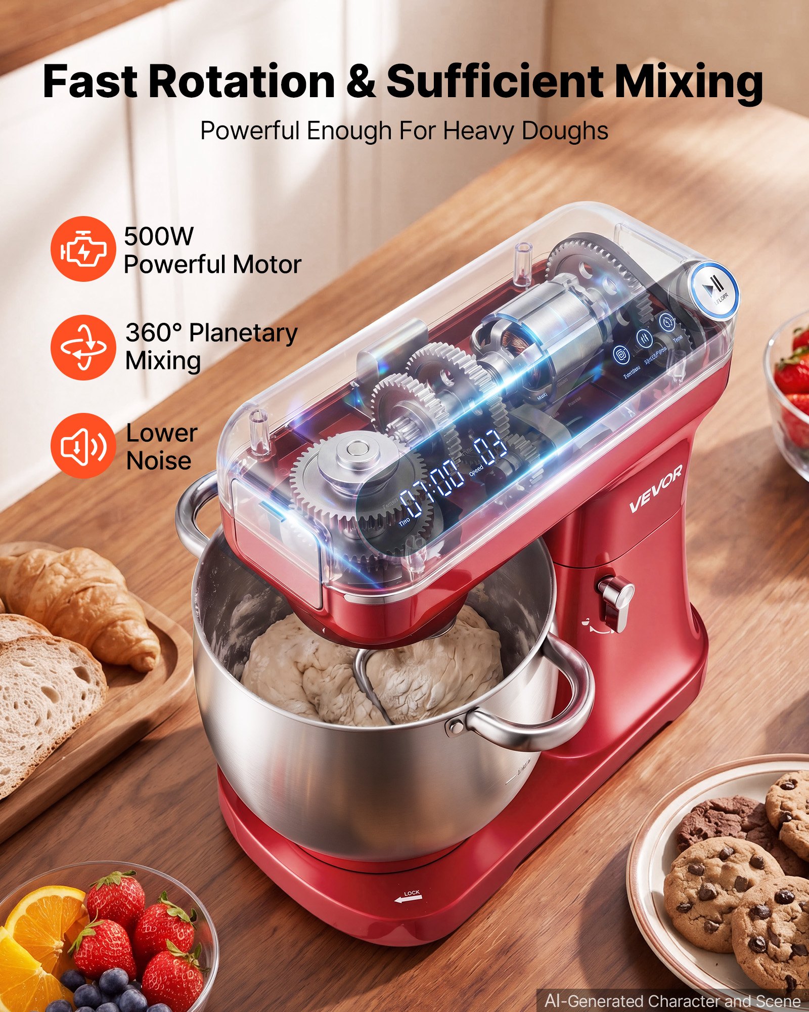 VEVOR 7.4 Qt Tilt Head Stand Mixer 500W Electric Dough Mixer, 12 Speeds Food Kitchen Mixer with Stainless Steel Bowl, Splash Guard, Dough Hook, Whisk, Beater, for Baking Mixing