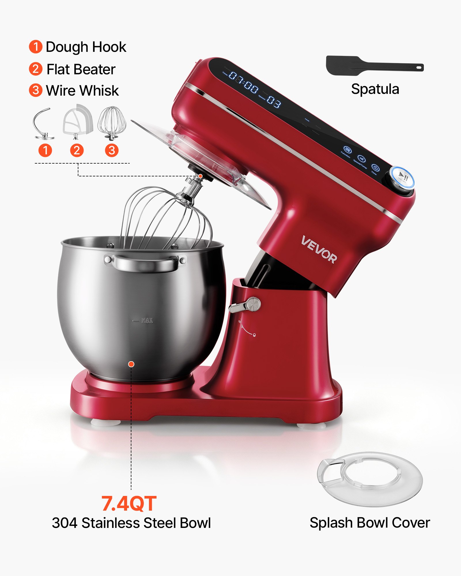 VEVOR 7.4 Qt Tilt Head Stand Mixer 500W Electric Dough Mixer, 12 Speeds Food Kitchen Mixer with Stainless Steel Bowl, Splash Guard, Dough Hook, Whisk, Beater, for Baking Mixing