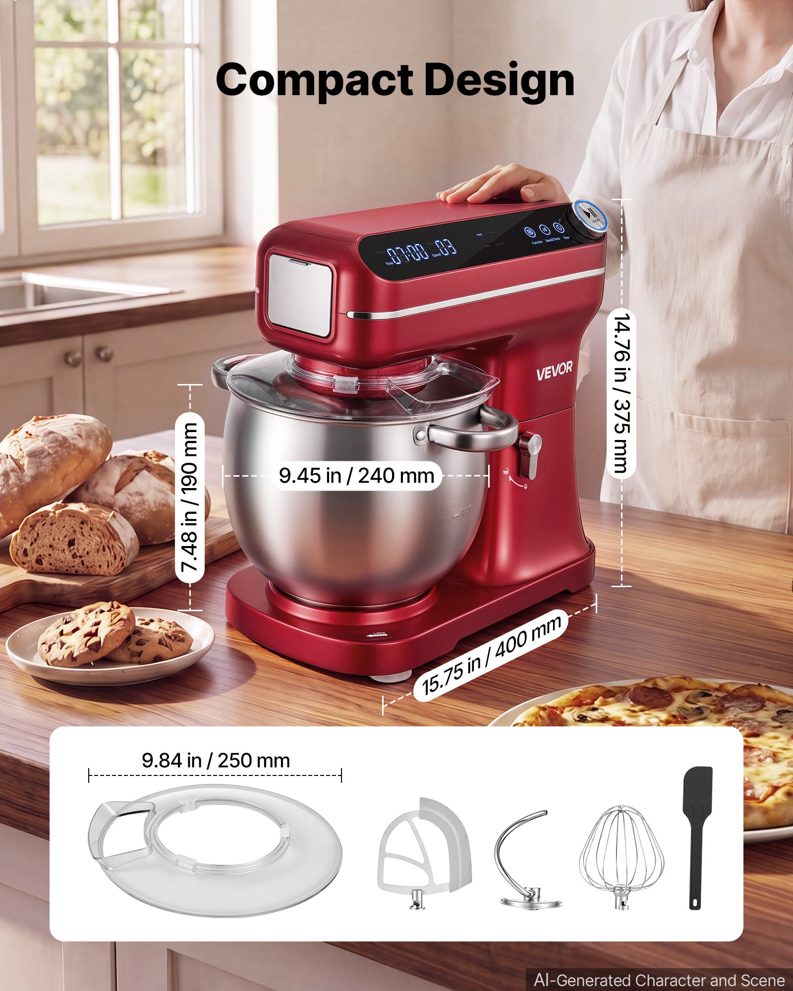 VEVOR 7.4 Qt Tilt Head Stand Mixer 500W Electric Dough Mixer, 12 Speeds Food Kitchen Mixer with Stainless Steel Bowl, Splash Guard, Dough Hook, Whisk, Beater, for Baking Mixing