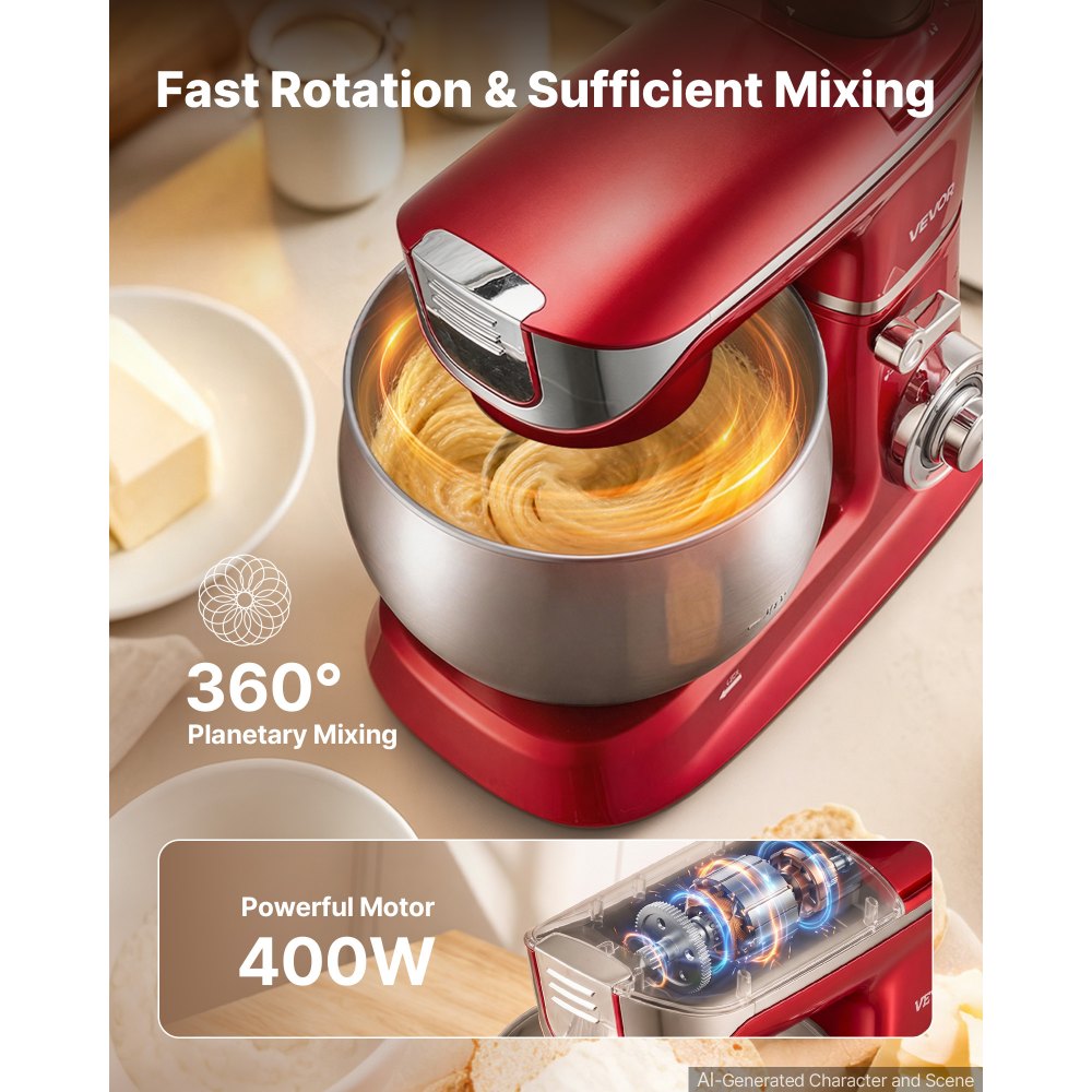 VEVOR 6.3 Qt 3-in-1 Tilt Head Stand Mixer 400W Electric Dough Mixer, Multifunctional Food Kitchen Mixer with Stainless Steel Bowl, Meat Grinder and Blender Attachments, Dough Hook, Whisk, Beater