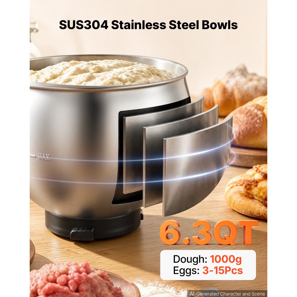 VEVOR 6.3 Qt 3-in-1 Tilt Head Stand Mixer 400W Electric Dough Mixer, Multifunctional Food Kitchen Mixer with Stainless Steel Bowl, Meat Grinder and Blender Attachments, Dough Hook, Whisk, Beater