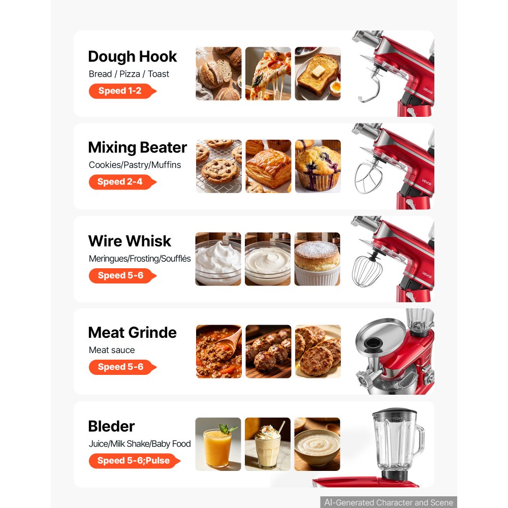 VEVOR 6.3 Qt 3-in-1 Tilt Head Stand Mixer 400W Electric Dough Mixer, Multifunctional Food Kitchen Mixer with Stainless Steel Bowl, Meat Grinder and Blender Attachments, Dough Hook, Whisk, Beater