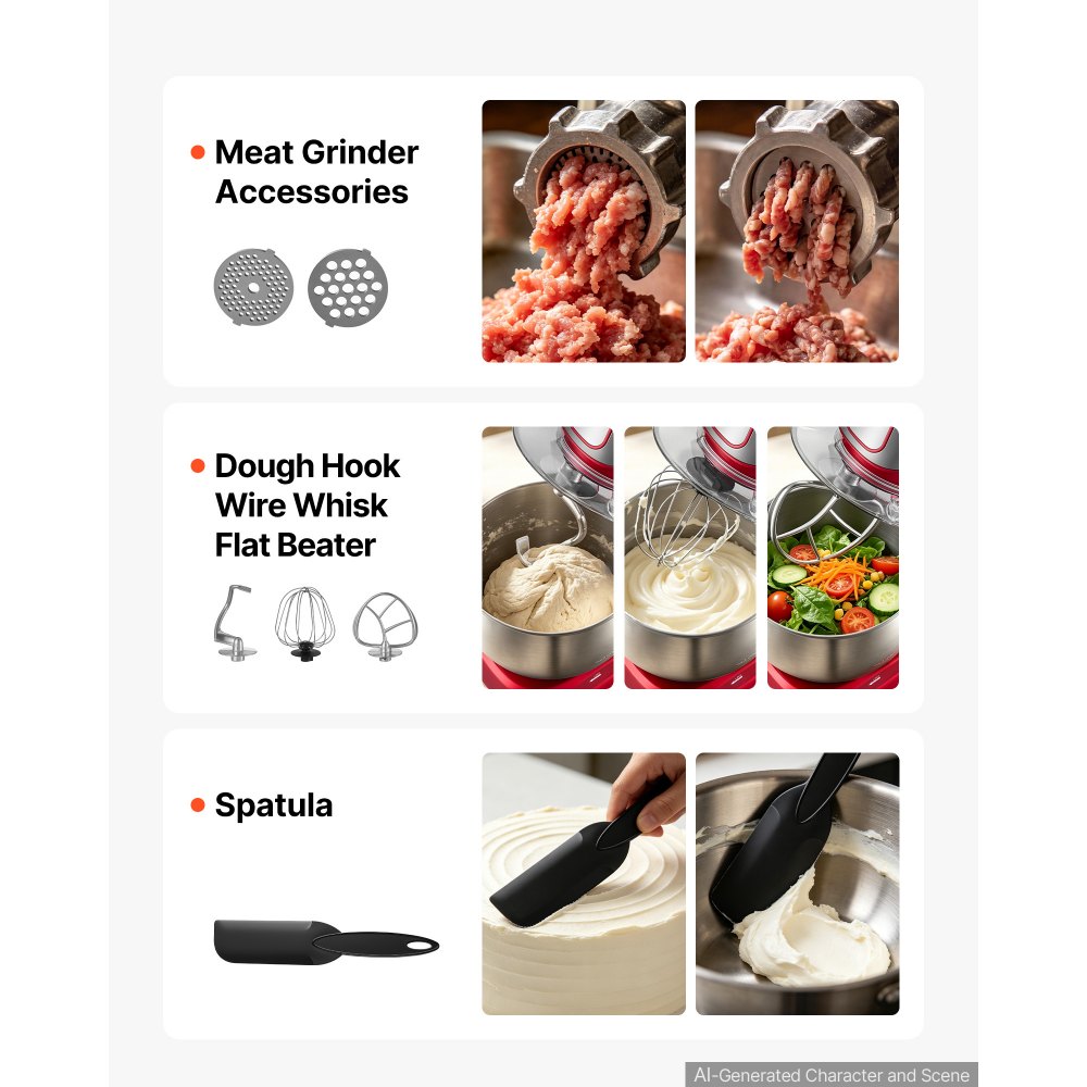 VEVOR 6.3 Qt 3-in-1 Tilt Head Stand Mixer 400W Electric Dough Mixer, Multifunctional Food Kitchen Mixer with Stainless Steel Bowl, Meat Grinder and Blender Attachments, Dough Hook, Whisk, Beater