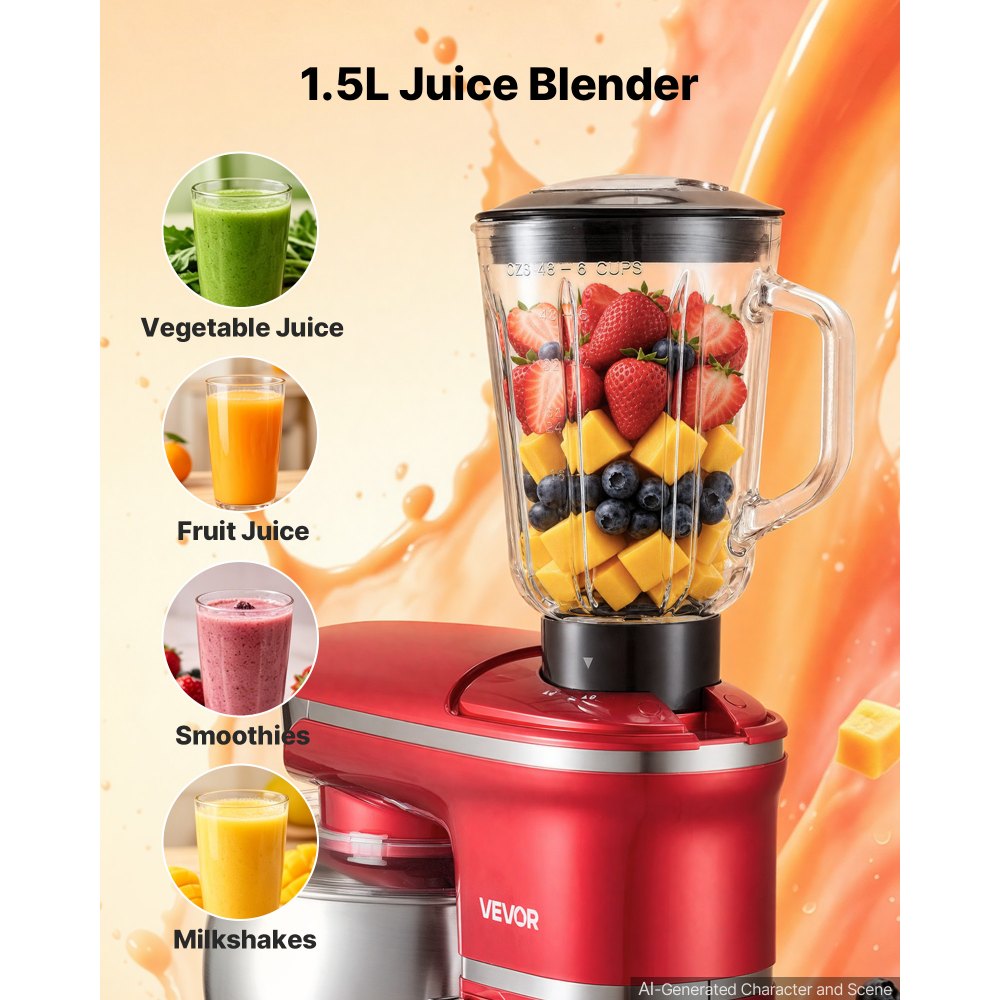 VEVOR 6.3 Qt 3-in-1 Tilt Head Stand Mixer 400W Electric Dough Mixer, Multifunctional Food Kitchen Mixer with Stainless Steel Bowl, Meat Grinder and Blender Attachments, Dough Hook, Whisk, Beater