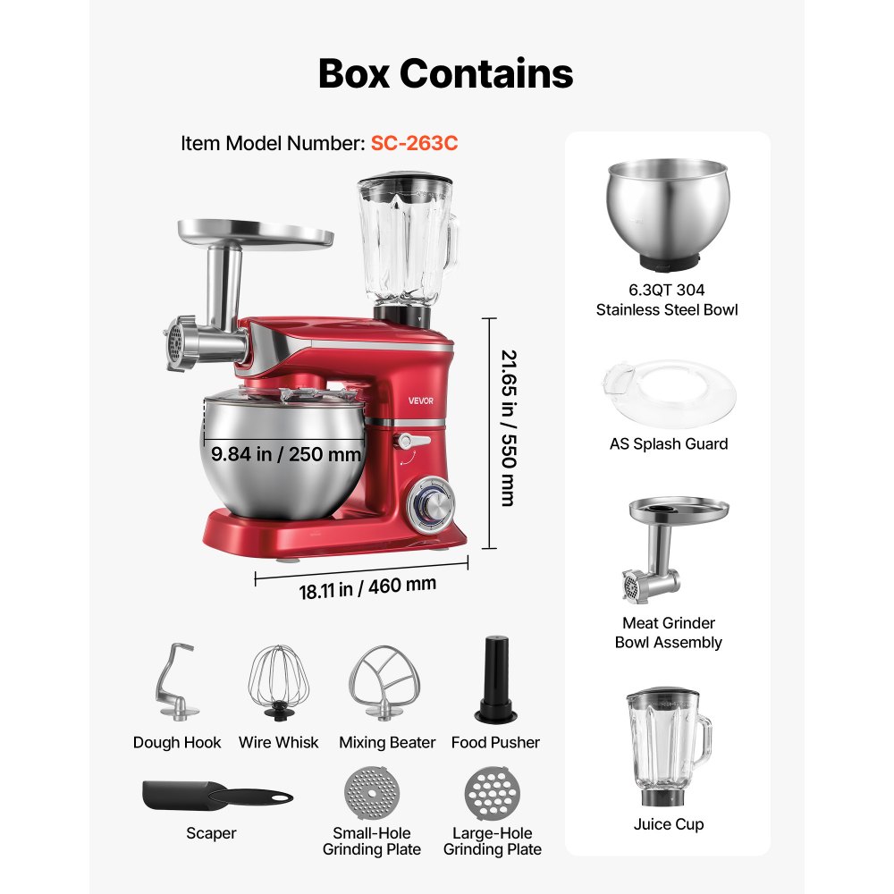 VEVOR 6.3 Qt 3-in-1 Tilt Head Stand Mixer 400W Electric Dough Mixer, Multifunctional Food Kitchen Mixer with Stainless Steel Bowl, Meat Grinder and Blender Attachments, Dough Hook, Whisk, Beater