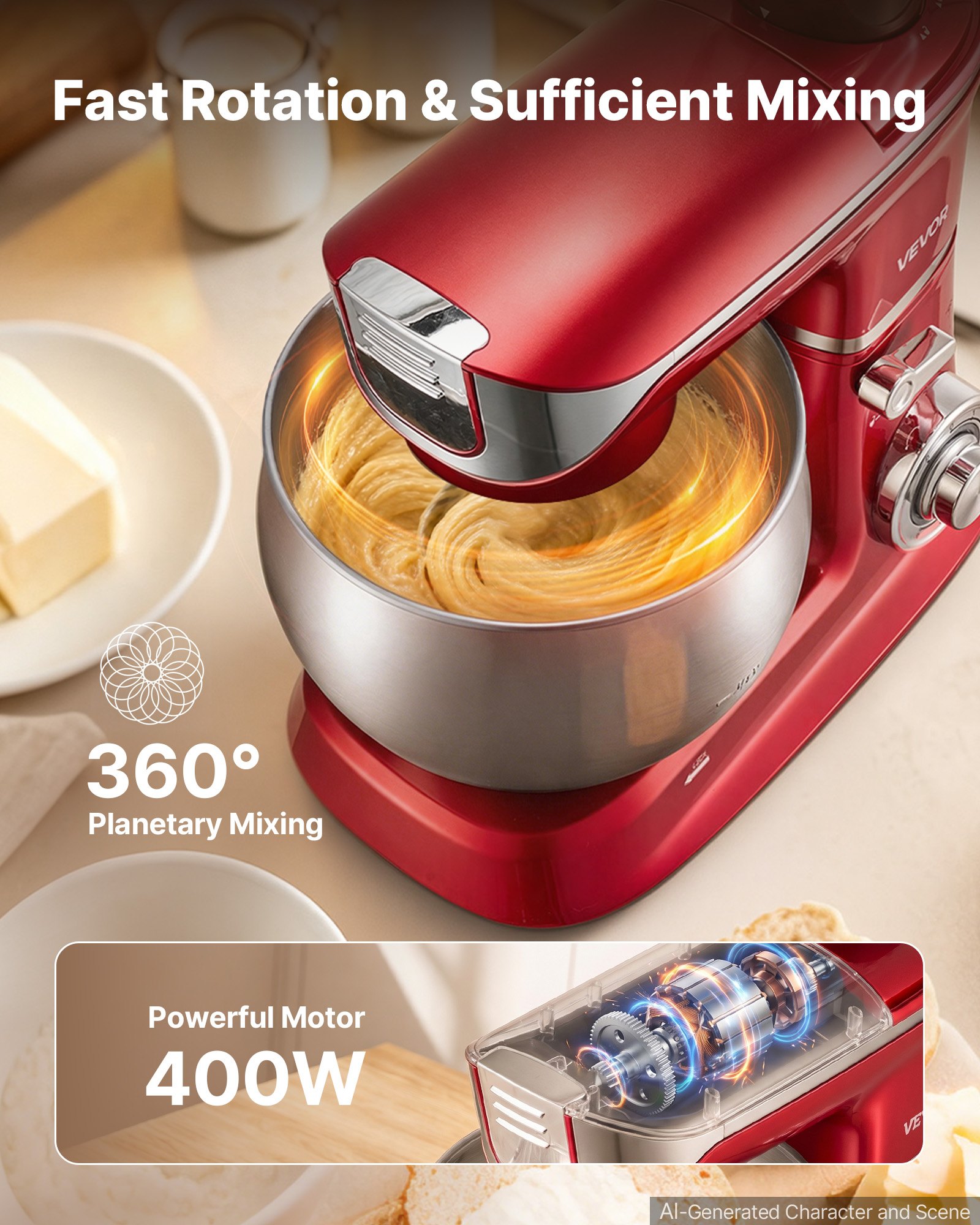 VEVOR 6.3 Qt 3-in-1 Tilt Head Stand Mixer 400W Electric Dough Mixer, Multifunctional Food Kitchen Mixer with Stainless Steel Bowl, Meat Grinder and Blender Attachments, Dough Hook, Whisk, Beater