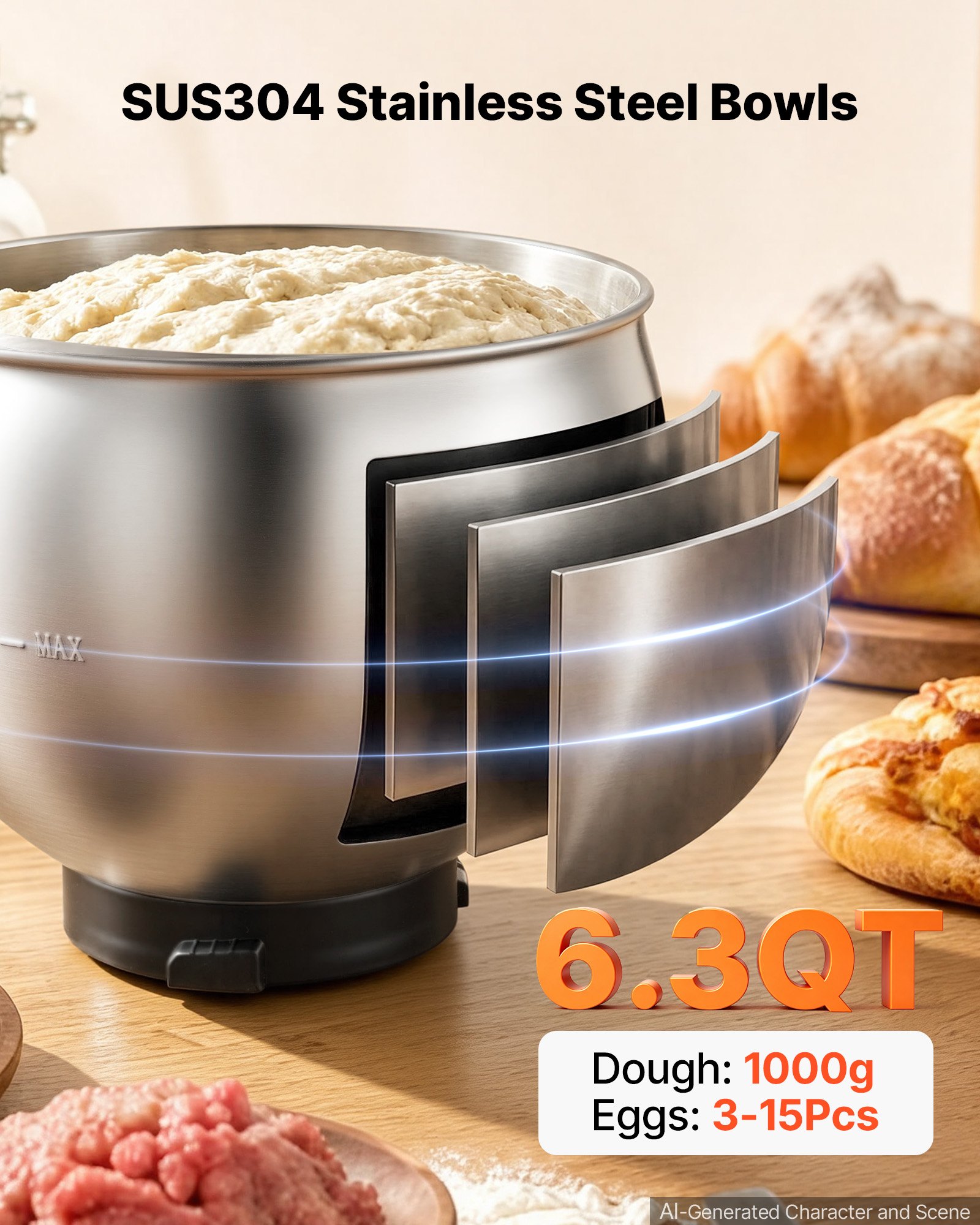 VEVOR 6.3 Qt 3-in-1 Tilt Head Stand Mixer 400W Electric Dough Mixer, Multifunctional Food Kitchen Mixer with Stainless Steel Bowl, Meat Grinder and Blender Attachments, Dough Hook, Whisk, Beater