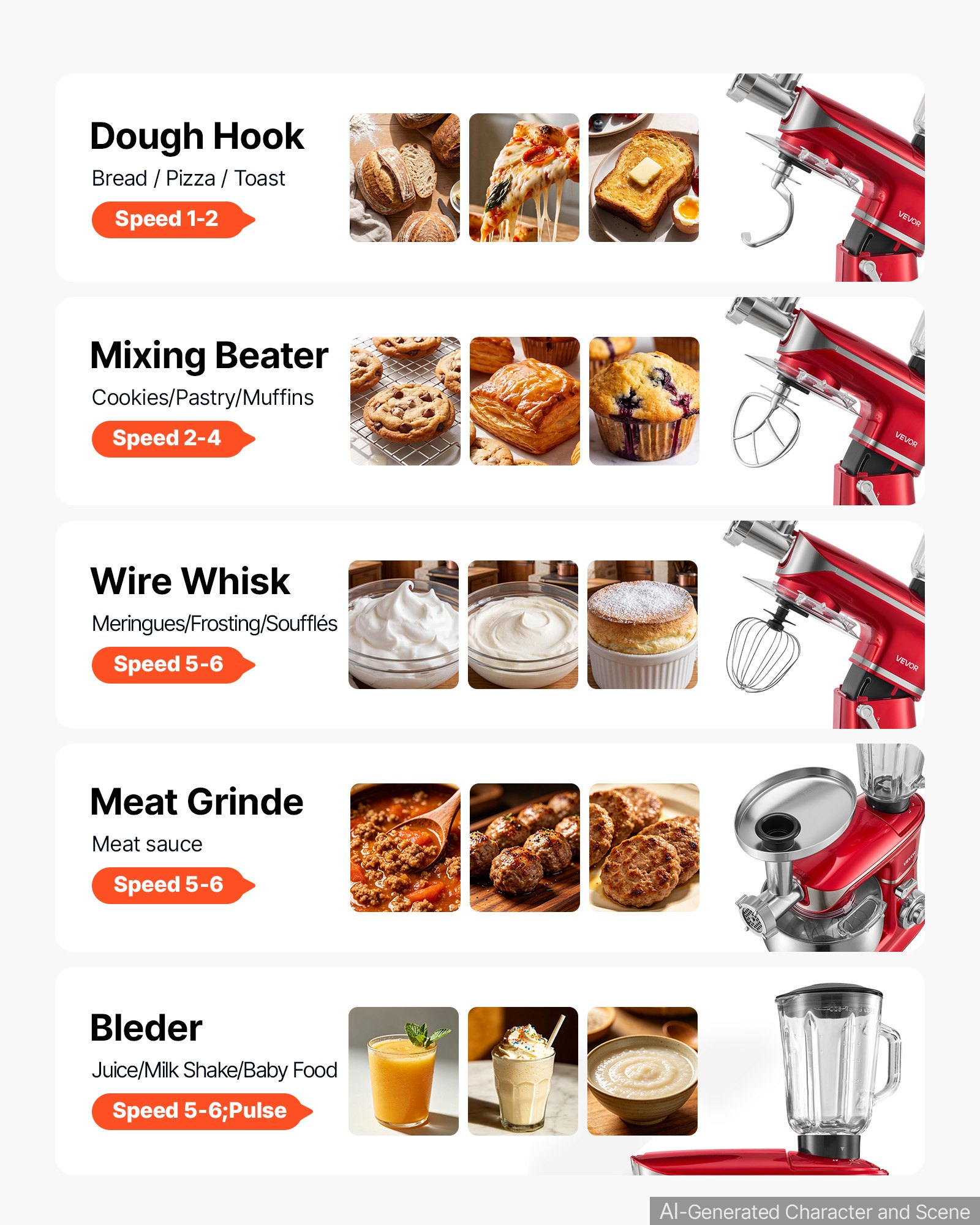 VEVOR 6.3 Qt 3-in-1 Tilt Head Stand Mixer 400W Electric Dough Mixer, Multifunctional Food Kitchen Mixer with Stainless Steel Bowl, Meat Grinder and Blender Attachments, Dough Hook, Whisk, Beater