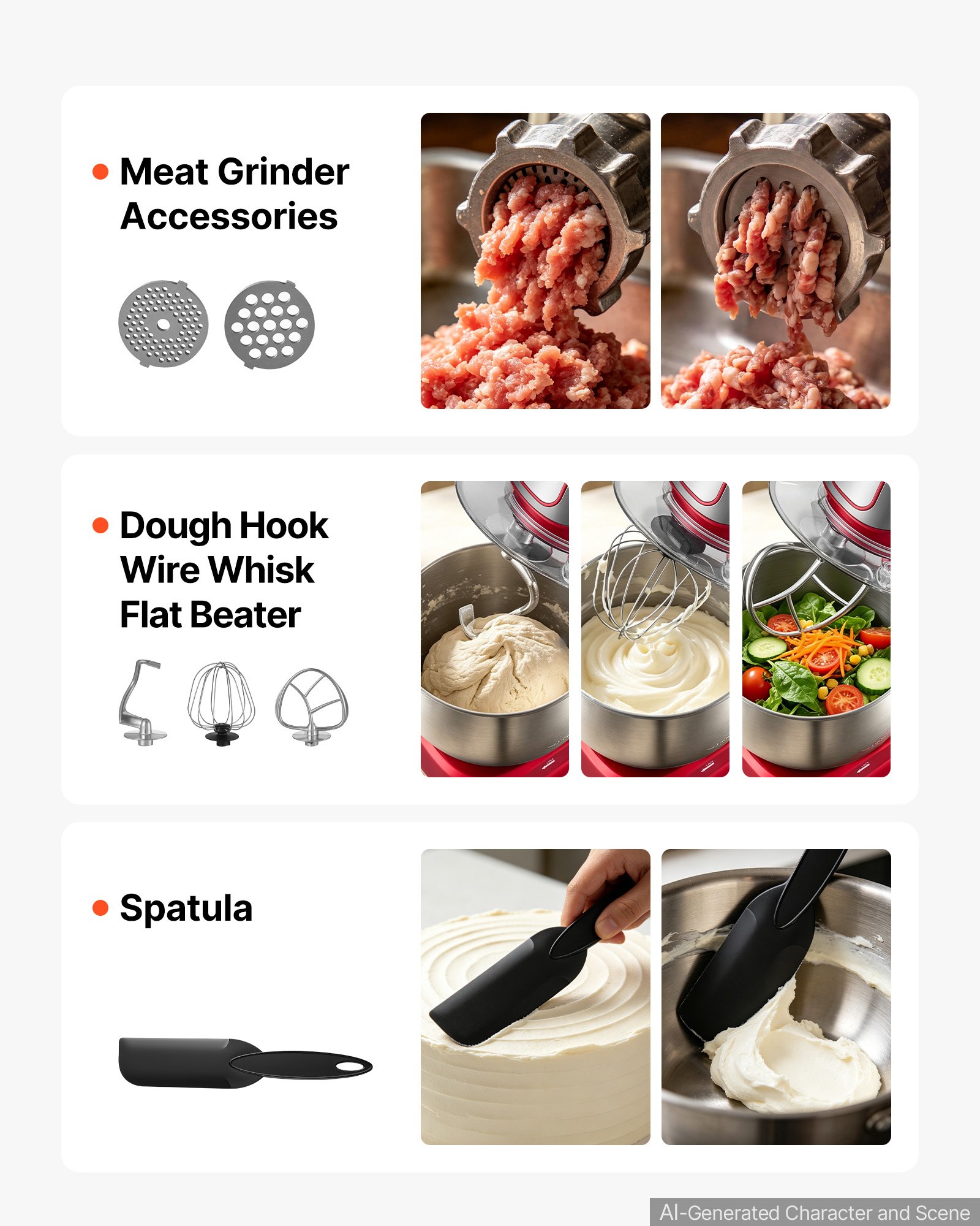 VEVOR 6.3 Qt 3-in-1 Tilt Head Stand Mixer 400W Electric Dough Mixer, Multifunctional Food Kitchen Mixer with Stainless Steel Bowl, Meat Grinder and Blender Attachments, Dough Hook, Whisk, Beater