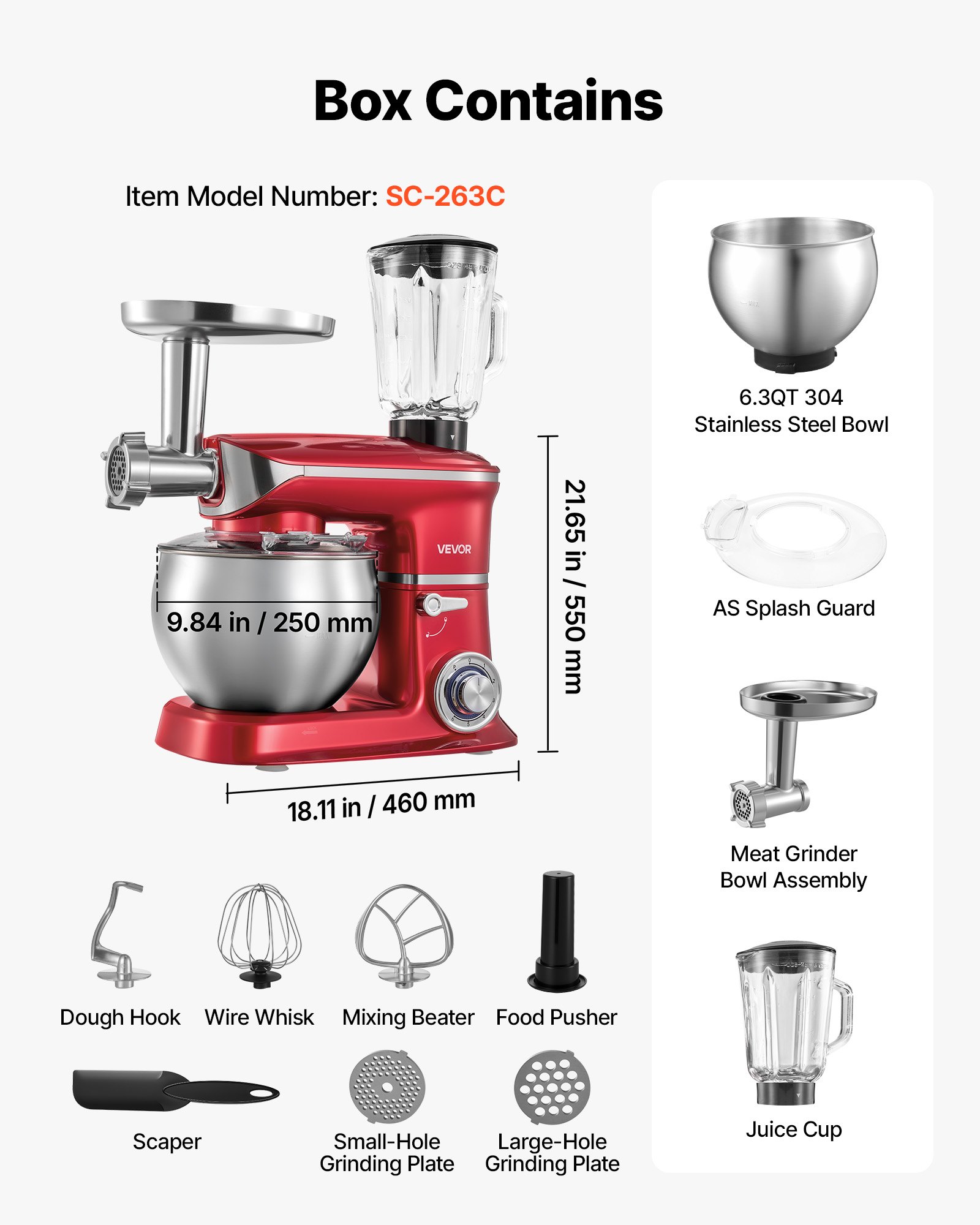 VEVOR 6.3 Qt 3-in-1 Tilt Head Stand Mixer 400W Electric Dough Mixer, Multifunctional Food Kitchen Mixer with Stainless Steel Bowl, Meat Grinder and Blender Attachments, Dough Hook, Whisk, Beater
