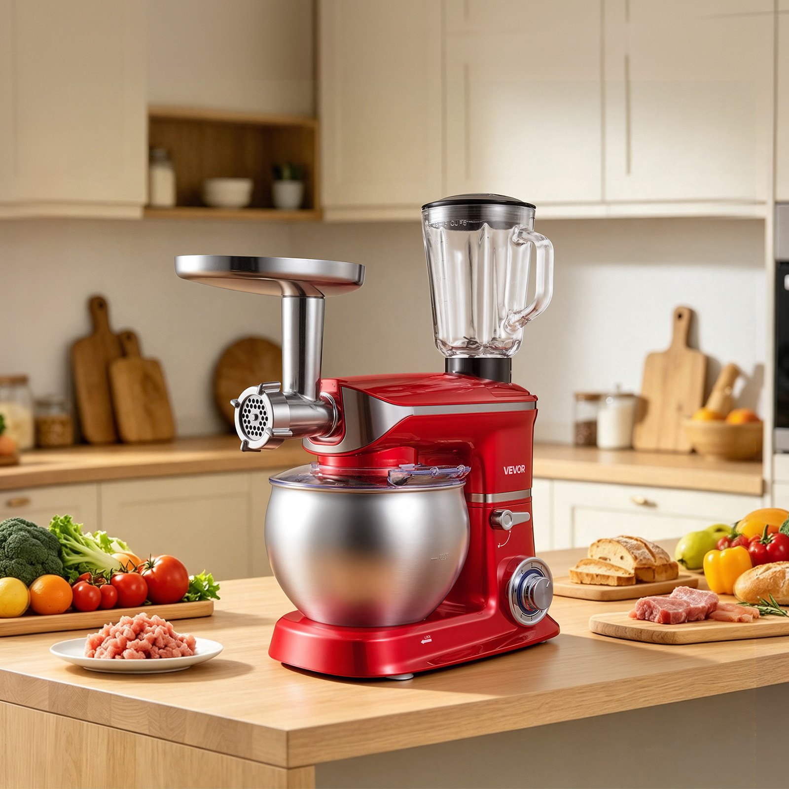 VEVOR 6.3 Qt 3-in-1 Tilt Head Stand Mixer 400W Electric Dough Mixer, Multifunctional Food Kitchen Mixer with Stainless Steel Bowl, Meat Grinder and Blender Attachments, Dough Hook, Whisk, Beater