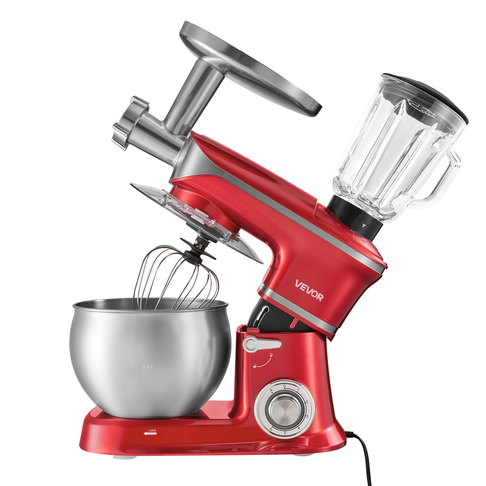 VEVOR 6.3 Qt 3-in-1 Tilt Head Stand Mixer 400W Electric Dough Mixer, Multifunctional Food Kitchen Mixer with Stainless Steel Bowl, Meat Grinder and Blender Attachments, Dough Hook, Whisk, Beater
