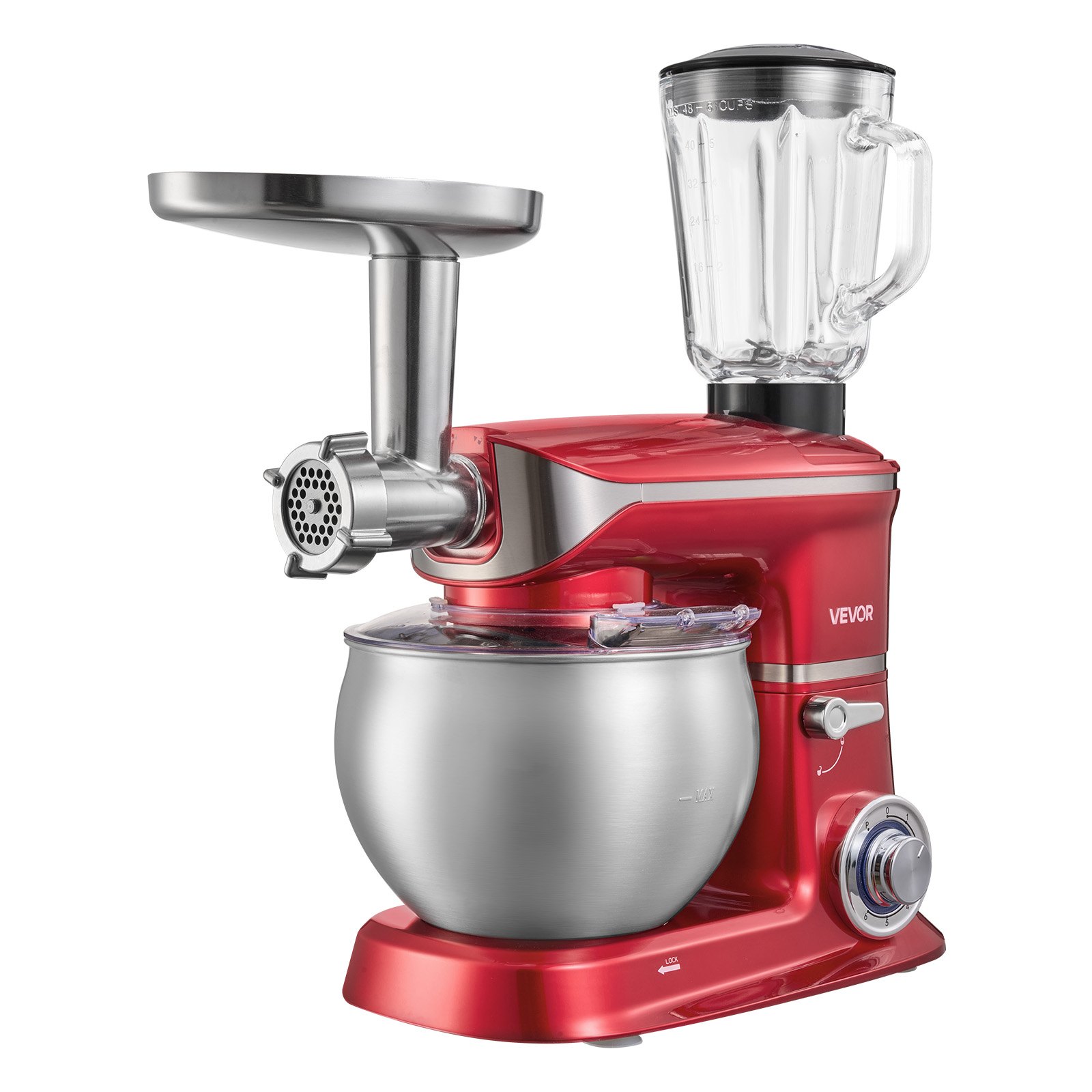 VEVOR 6.3 Qt 3-in-1 Tilt Head Stand Mixer 400W Electric Dough Mixer, Multifunctional Food Kitchen Mixer with Stainless Steel Bowl, Meat Grinder and Blender Attachments, Dough Hook, Whisk, Beater