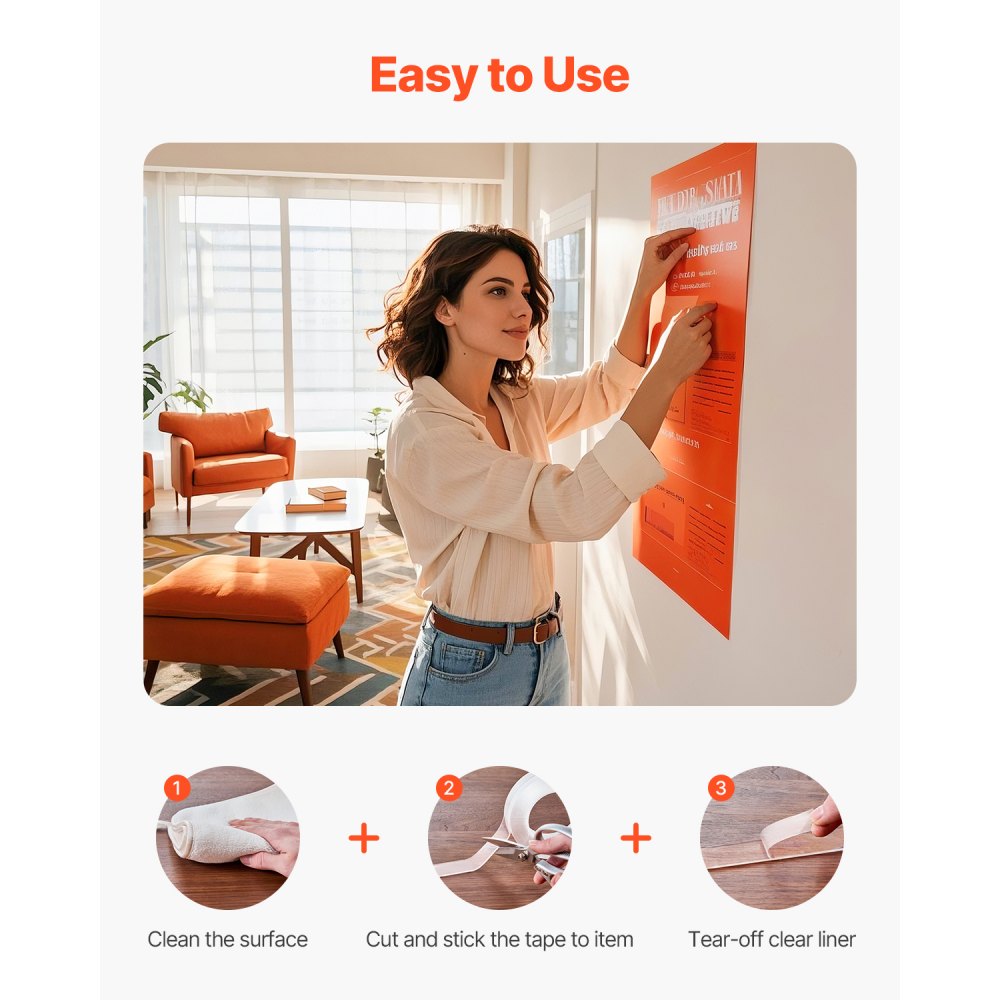 VEVOR Double Sided Tape Heavy Duty, 16 ft Long Nano Mounting Tape, Strong Adhesive & Reusable, Clear Two Sided Wall Tape, Removable Poster Picture Hanging Strips for Home, Office, Car, Outdoor Use