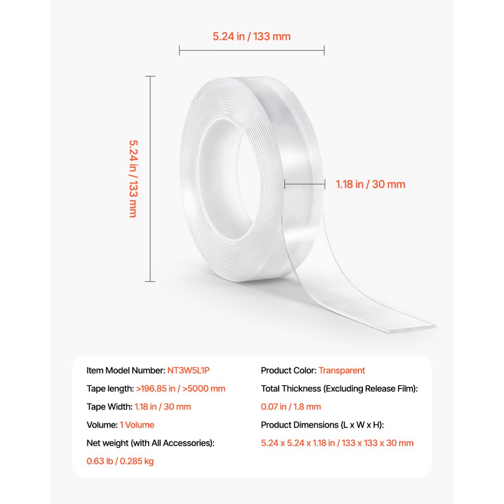 VEVOR Double Sided Tape Heavy Duty, 16 ft Long Nano Mounting Tape, Strong Adhesive & Reusable, Clear Two Sided Wall Tape, Removable Poster Picture Hanging Strips for Home, Office, Car, Outdoor Use