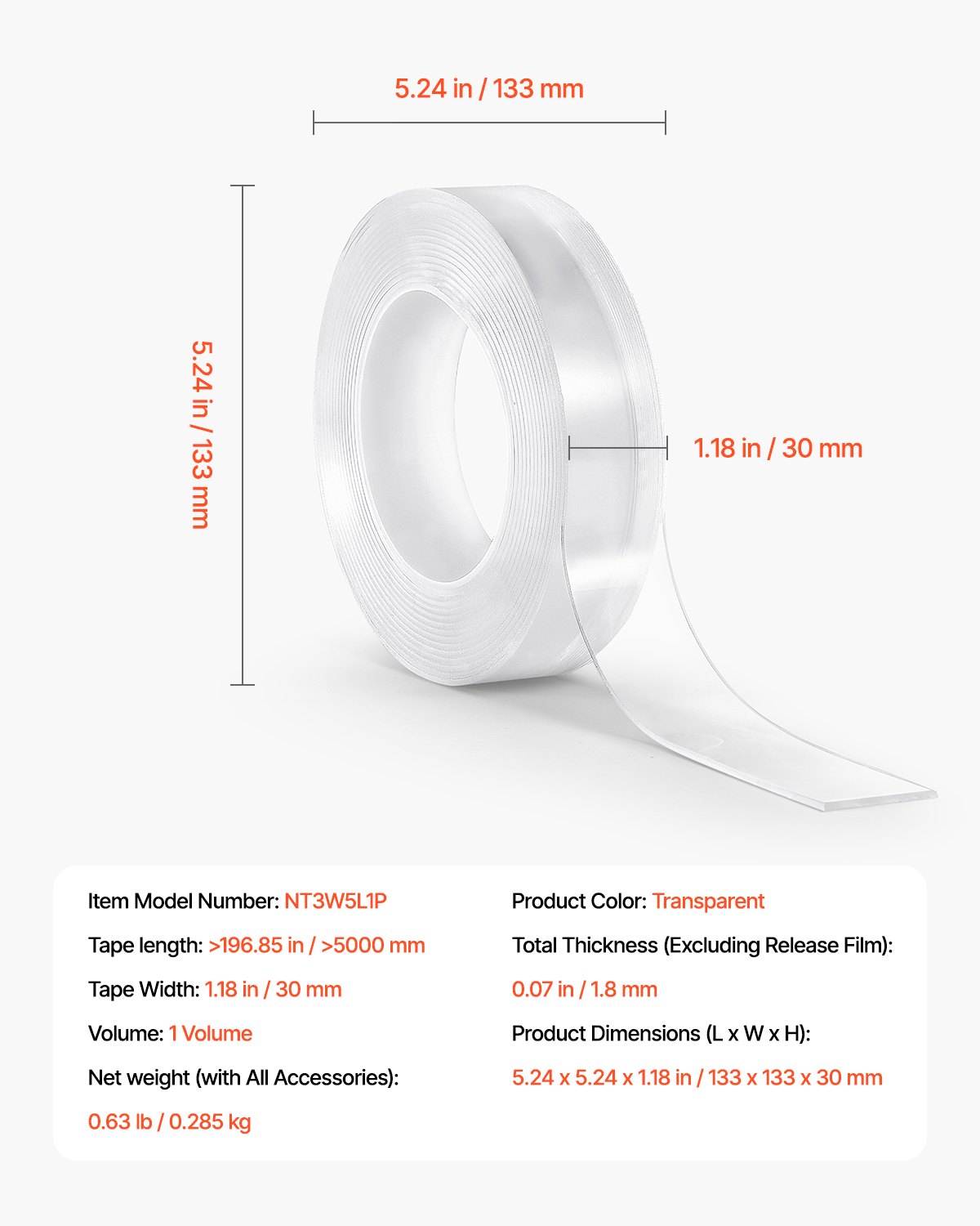 VEVOR Double Sided Tape Heavy Duty, 16 ft Long Nano Mounting Tape, Strong Adhesive & Reusable, Clear Two Sided Wall Tape, Removable Poster Picture Hanging Strips for Home, Office, Car, Outdoor Use