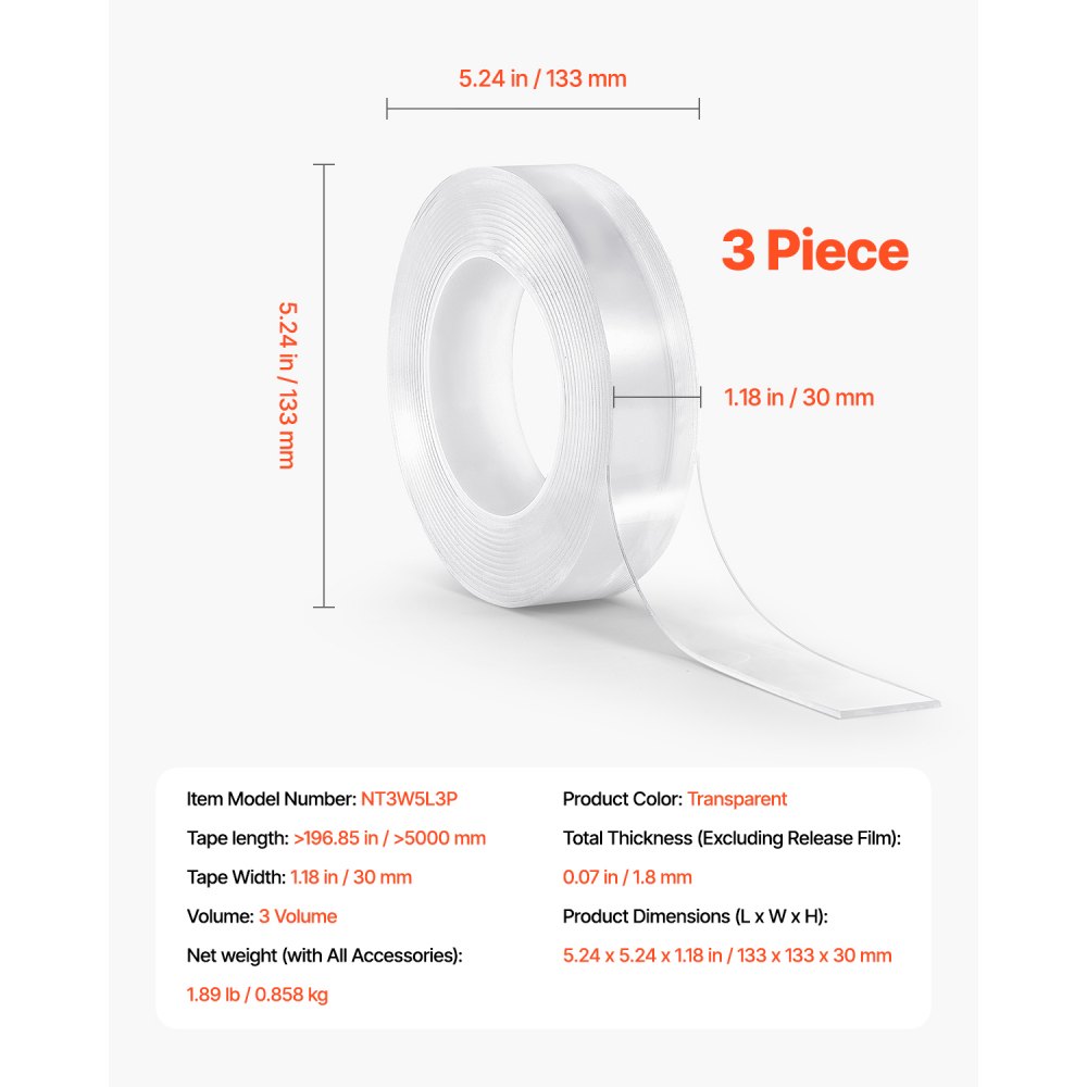 VEVOR Double Sided Tape Heavy Duty, 16 ft Nano Mounting Tape( 3 Pack), Strong Adhesive & Reusable, Clear Two Sided Wall Tape, Removable Poster Picture Hanging Strips for Home Office Car Outdoor Use
