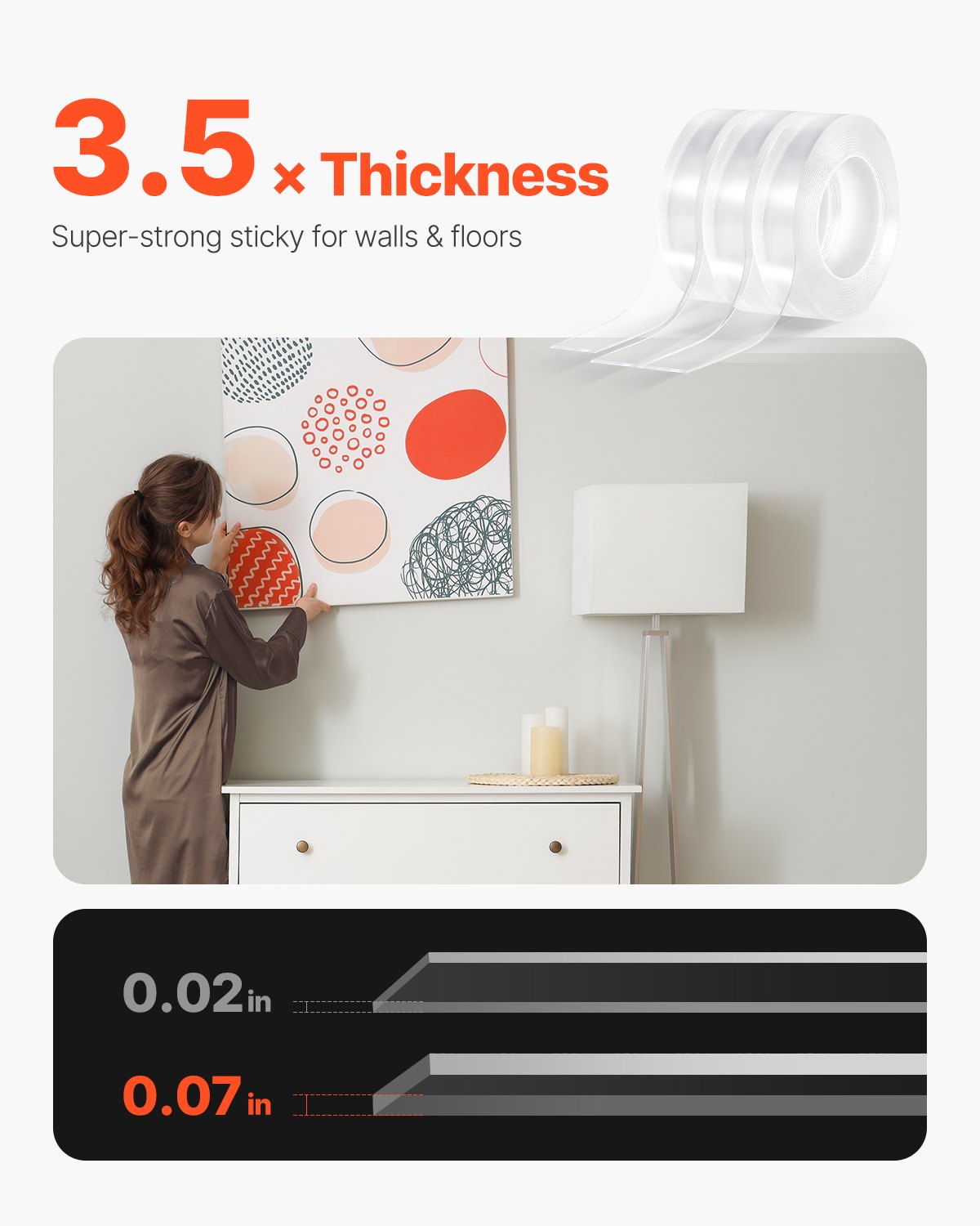 VEVOR Double Sided Tape Heavy Duty, 16 ft Nano Mounting Tape( 3 Pack), Strong Adhesive & Reusable, Clear Two Sided Wall Tape, Removable Poster Picture Hanging Strips for Home Office Car Outdoor Use