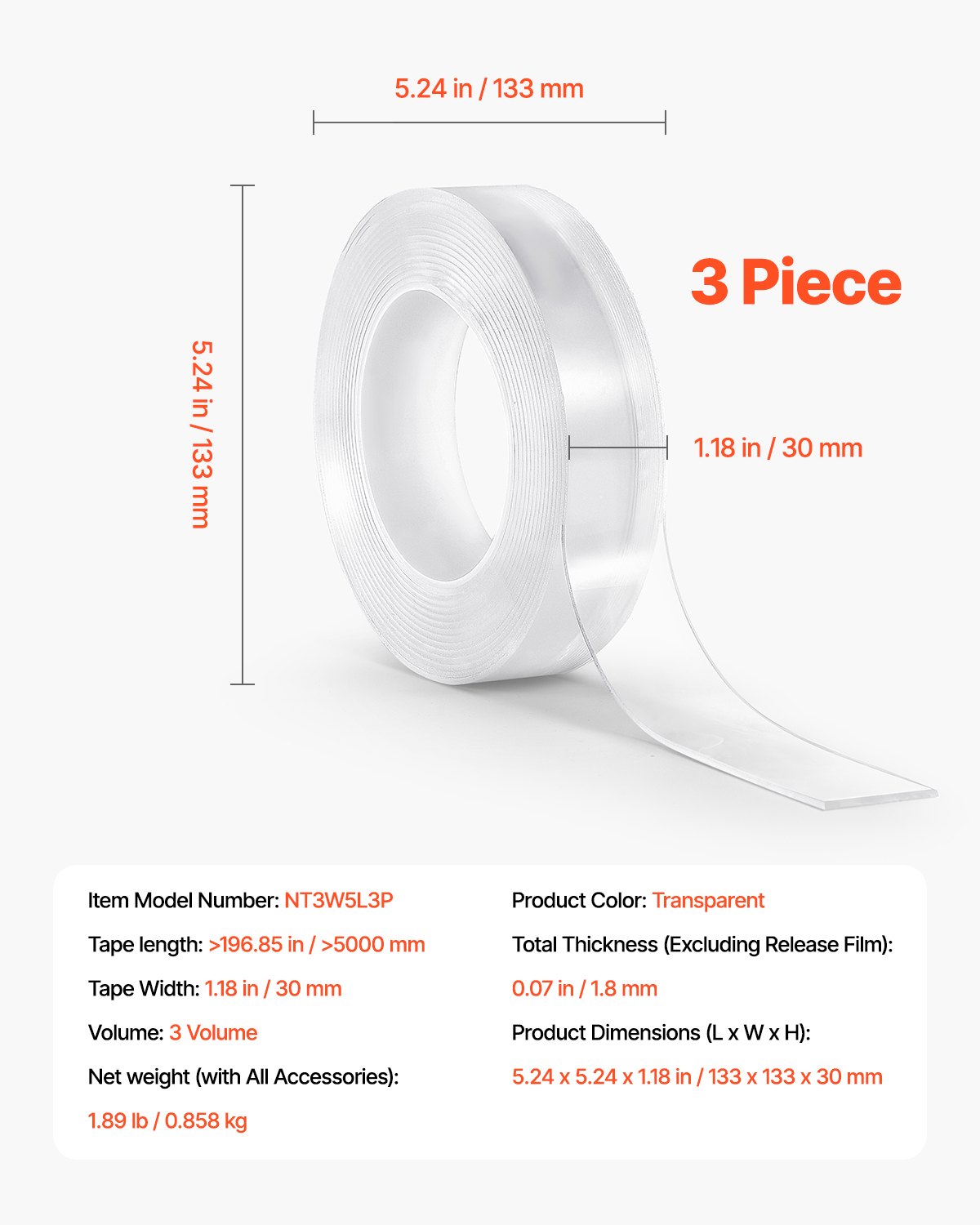 VEVOR Double Sided Tape Heavy Duty, 16 ft Nano Mounting Tape( 3 Pack), Strong Adhesive & Reusable, Clear Two Sided Wall Tape, Removable Poster Picture Hanging Strips for Home Office Car Outdoor Use