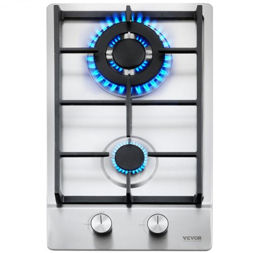 VEVOR Gas Cooktop 12 inch, Max 12250BTU 2 Burners Built-in Stainless Steel Gas Stove Top, LPG/NG Convertible Dual Fuel Natural Gas Hob with Thermocouple Protection for Outdoor, Kitchen, Camping, RV