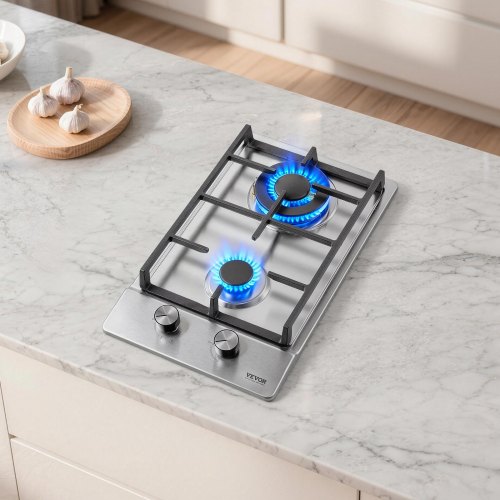 Gas Cooktop 12 inch, Max 12250BTU 2 Burners Built-in Stainless Steel Gas Stove Top, LPG/NG Convertible Dual Fuel Natural Gas Hob with Thermocouple Protection for Outdoor, Kitchen, Camping, RV