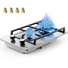 VEVOR Gas Cooktop 12 inch, Max 12250BTU 2 Burners Built-in Stainless Steel Gas Stove Top, LPG/NG Convertible Dual Fuel Natural Gas Hob with Thermocouple Protection for Outdoor, Kitchen, Camping, RV