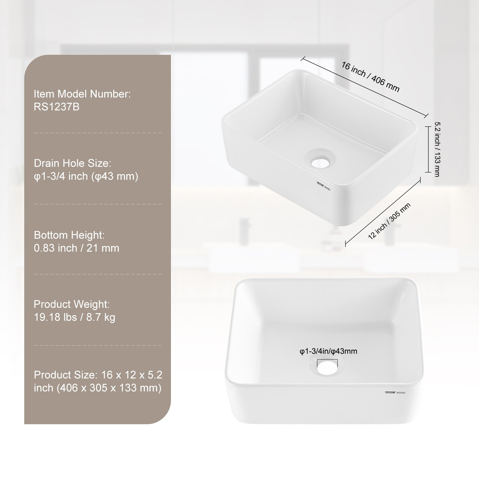 VEVOR Rectangle Vessel Sink, 16" x 12" Bathroom Vessel Sink Countertop, White Ceramic Bathroom Sinks Above Counter, Modern Style, Bright and Elegant, Well-Packaged for Bathroom, Hotel, Toilet, RV