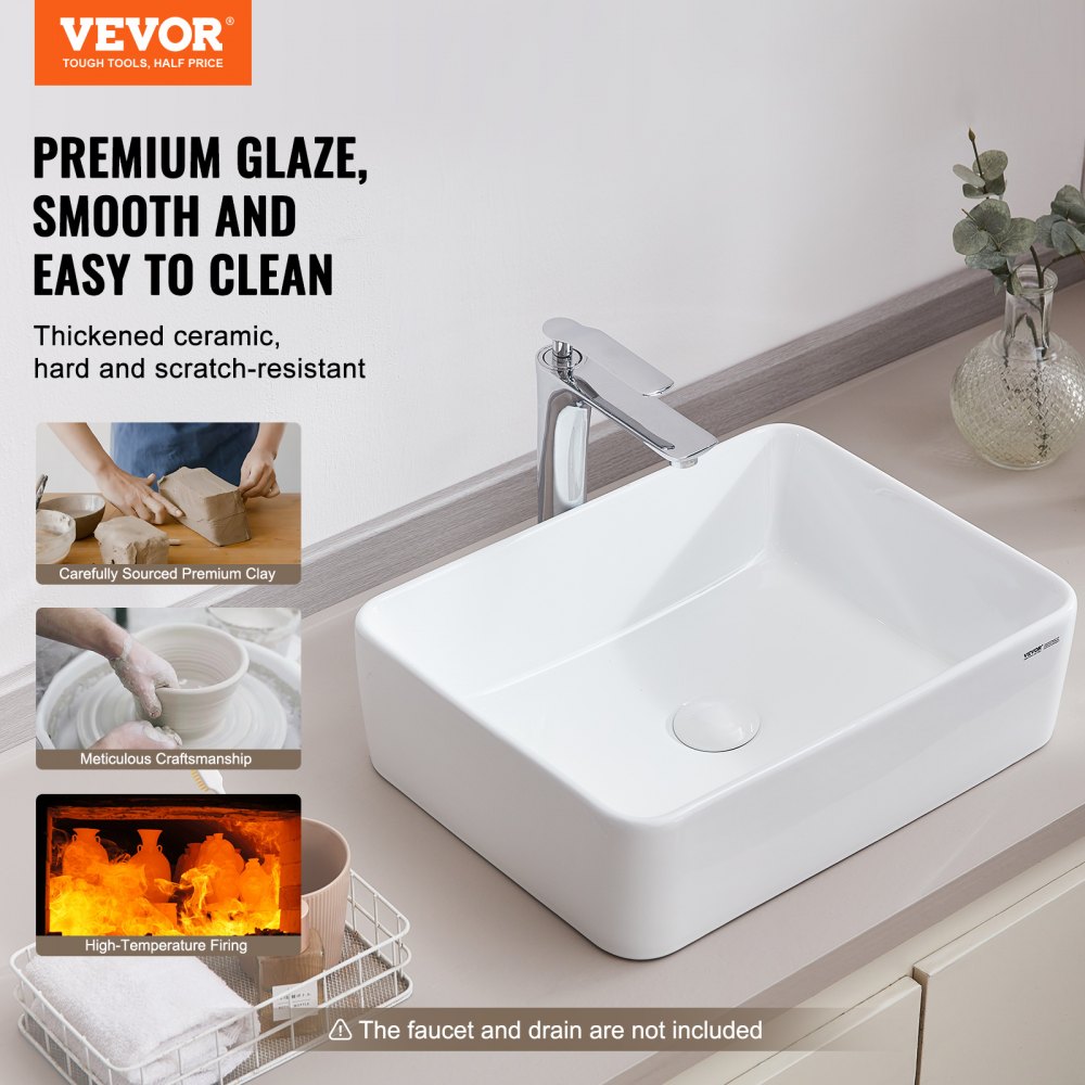 VEVOR Rectangle Vessel Sink, 48x37cm Bathroom Vessel Sink Countertop, White Ceramic Bathroom Sinks Above Counter, Modern Style, Bright and Elegant, Well-Packaged for Bathroom, Hotel, Toilet, RV