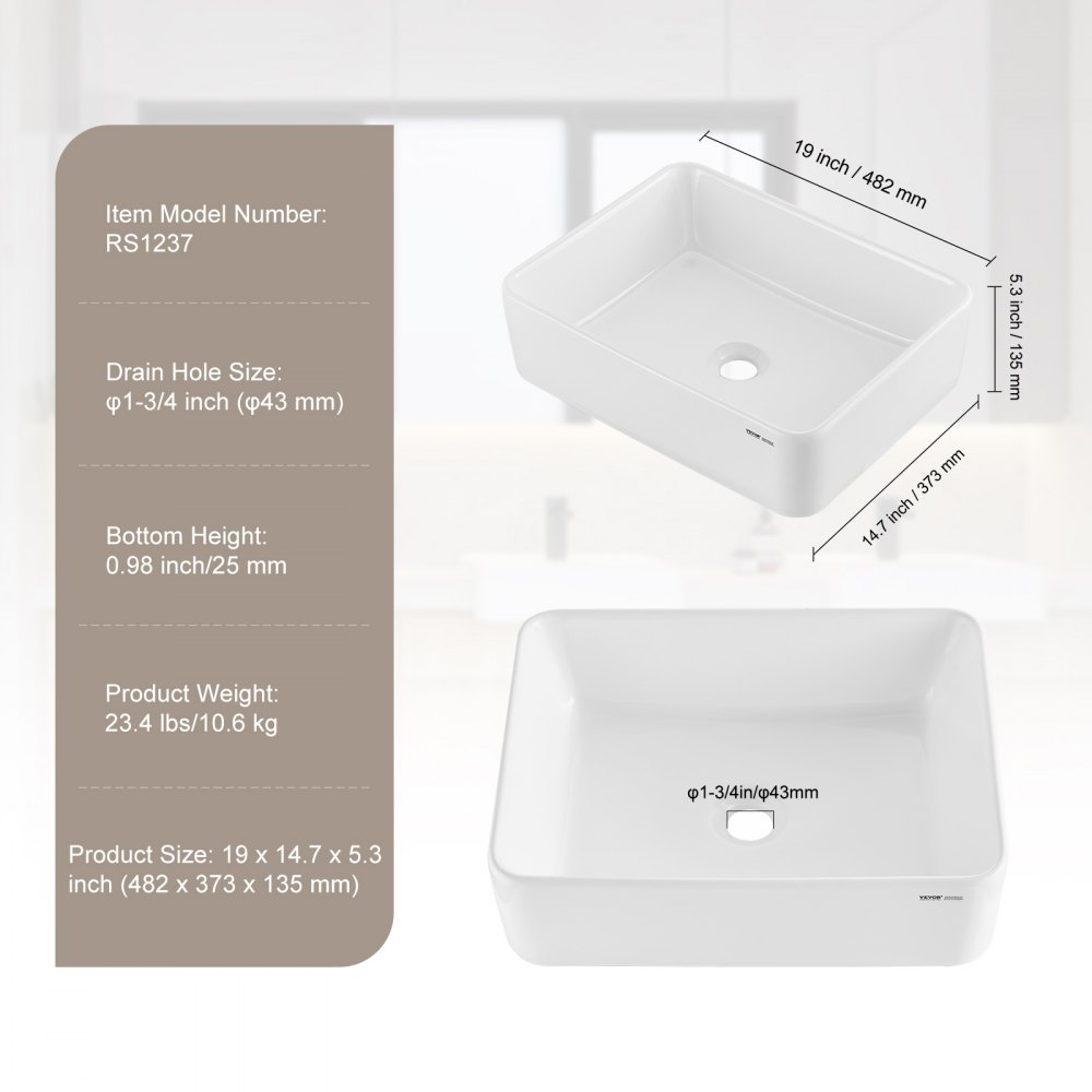 VEVOR Rectangle Vessel Sink, 48x37cm Bathroom Vessel Sink Countertop, White Ceramic Bathroom Sinks Above Counter, Modern Style, Bright and Elegant, Well-Packaged for Bathroom, Hotel, Toilet, RV