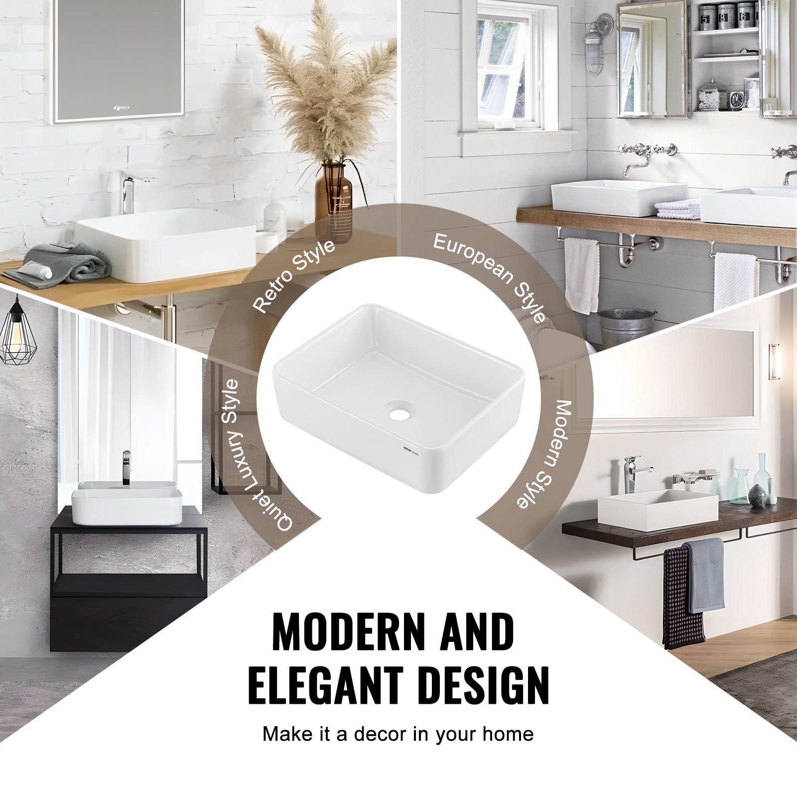 VEVOR Rectangle Vessel Sink, 48x37cm Bathroom Vessel Sink Countertop, White Ceramic Bathroom Sinks Above Counter, Modern Style, Bright and Elegant, Well-Packaged for Bathroom, Hotel, Toilet, RV