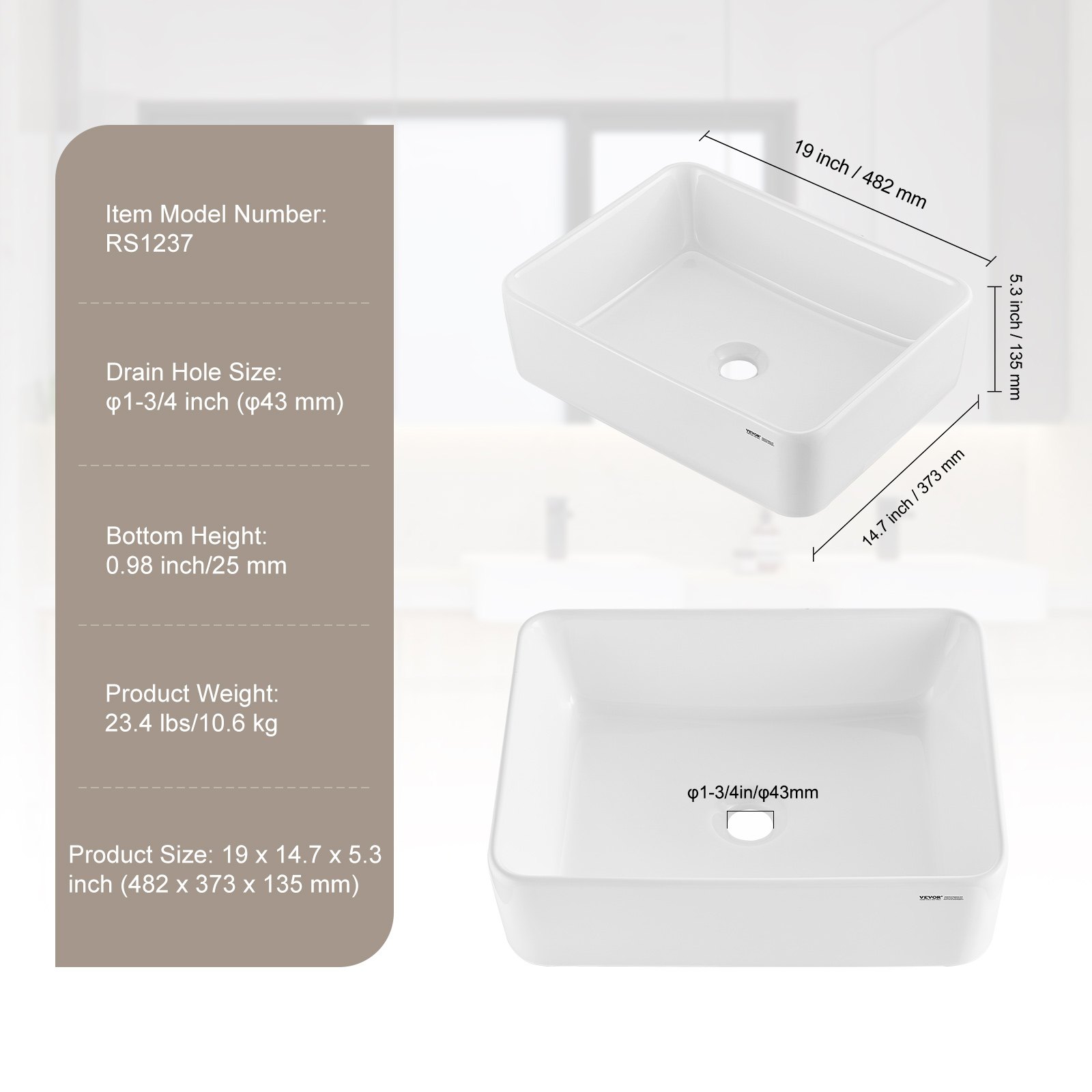 VEVOR Rectangle Vessel Sink, 48x37cm Bathroom Vessel Sink Countertop, White Ceramic Bathroom Sinks Above Counter, Modern Style, Bright and Elegant, Well-Packaged for Bathroom, Hotel, Toilet, RV