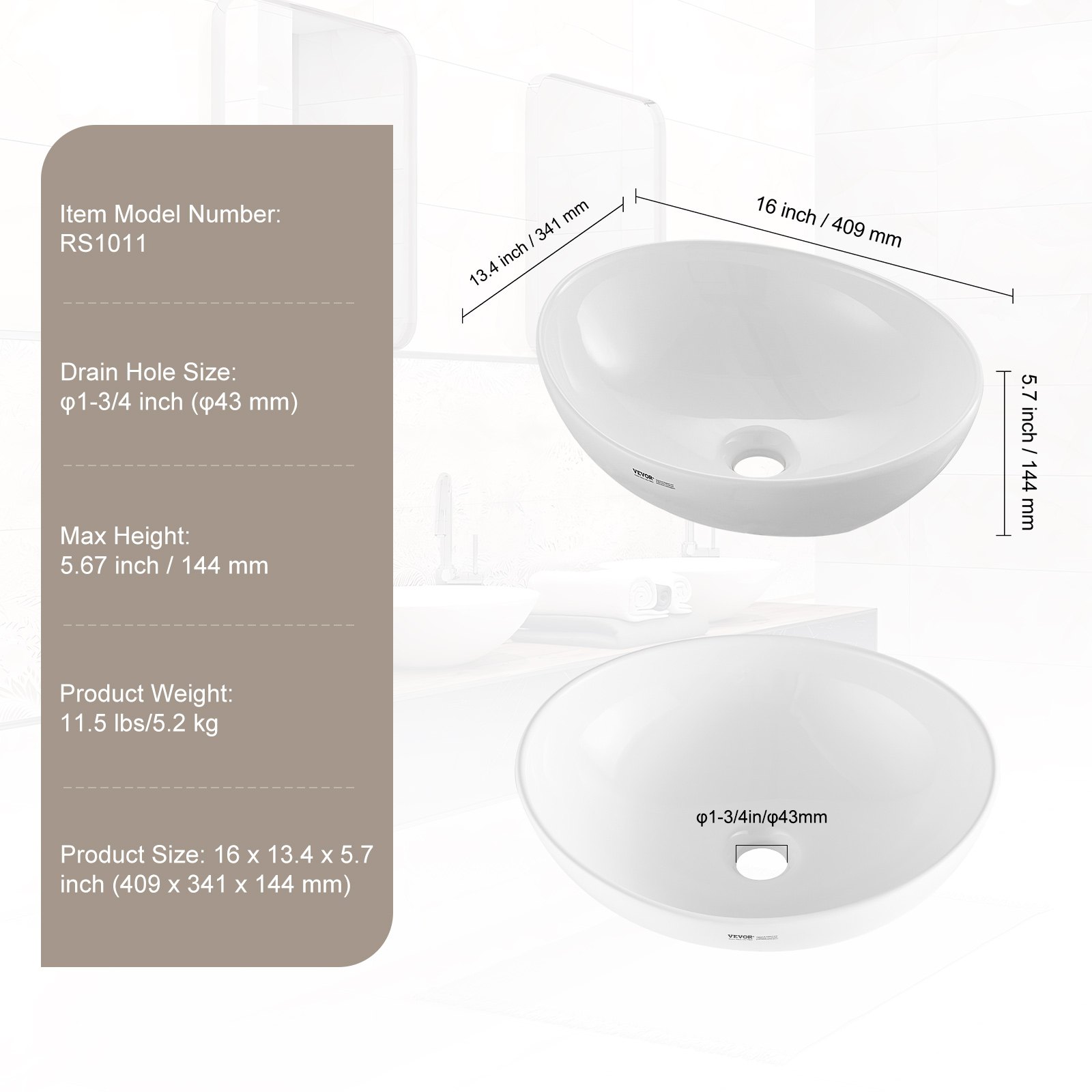 VEVOR Oval Vessel Sink, 16" x 13.4" Bathroom Vessel Sink Bowl Countertop, White Ceramic Bathroom Sinks Above Counter, Bowl Sink with Modern Style, Well-Packaged for Bathroom, Hotel, Toilet, RV