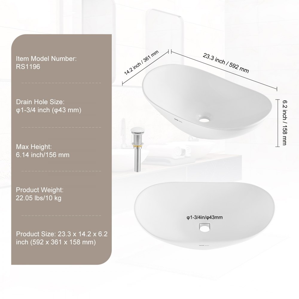 VEVOR Oval Vessel Sink, 23.3" x 14.2" Bathroom Vessel Sink Bowl Countertop, White Ceramic Bathroom Sinks Above Counter, Bowl Sink with Modern Style, Well-Packaged for Bathroom, Hotel, Toilet, RV